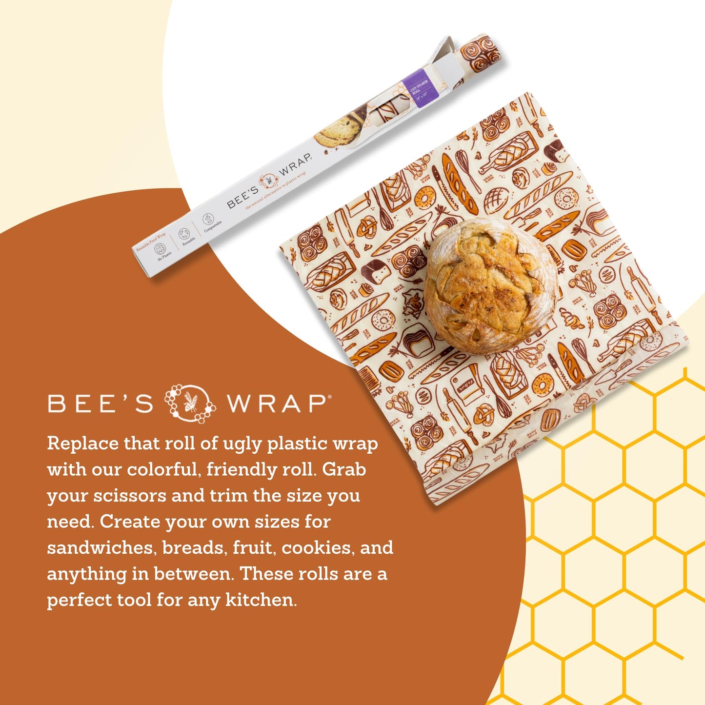 Bee's Wrap Beeswax Wraps for Food - Cut to Size 14x52" Beeswax Wrap Roll - Plastic Free Made in USA Reusable Natural Food Wrap - Bakery Lane