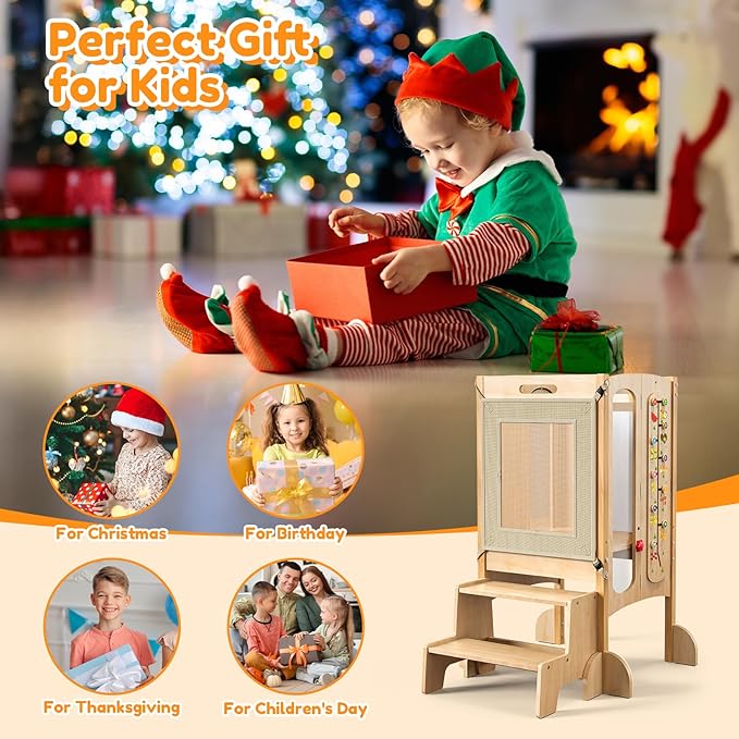 FlyingBoom Foldable Toddler Tower, Kitchen Stool Helper with 2 Step Stool, Toddler Standing Tower for Kids with Safety Net, Adjustable Height, Chalk-Whiteboard &Montessori Activity Games