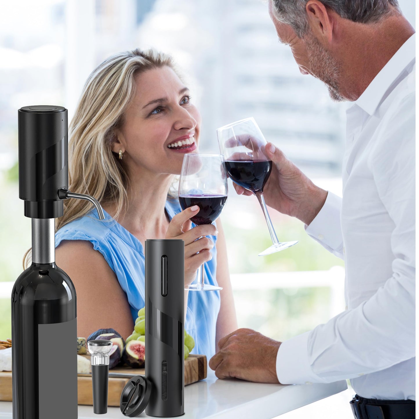 Electric Wine Set 4 | Automatic Wine Opener Dispenser Gift Set - Electric Corkscrew Opener & Auto Wine Dispenser | Ideal Housewarming Gifts and Cool Wine Gift (Black)
