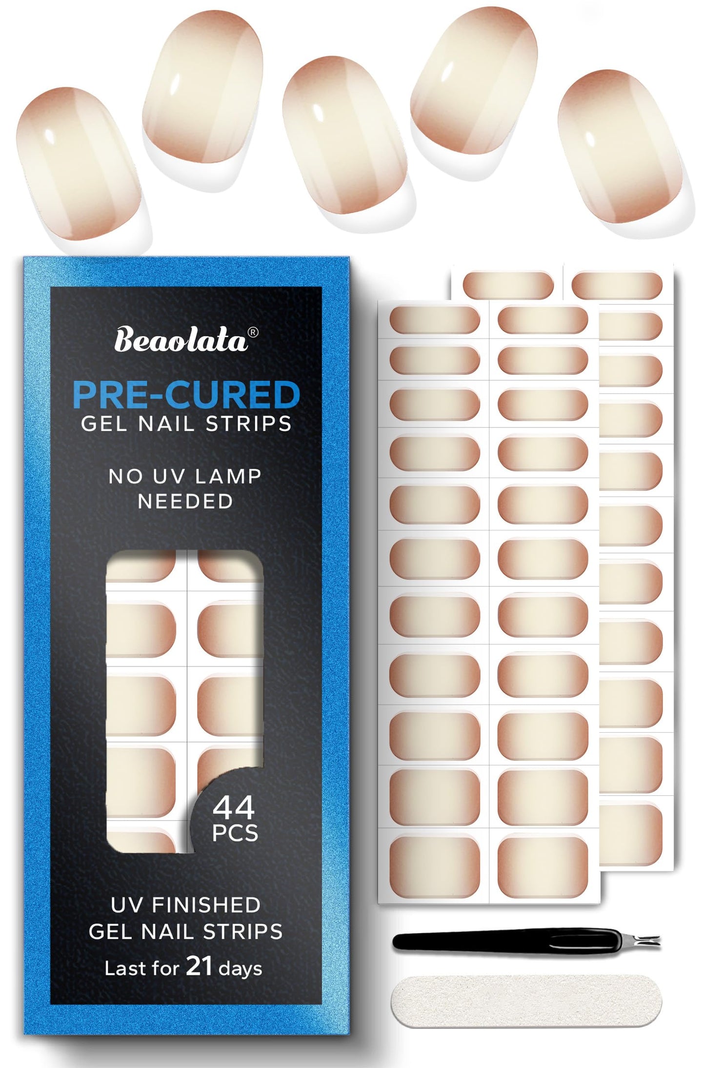 Beaolata Real Gel Nail Strips (No UV Light Needed) - 44Pcs Salon Quality Nail Stickers - Long Lasting Polish Wraps for Women, Easy Apply & Remove (Sheer Blush Pink)