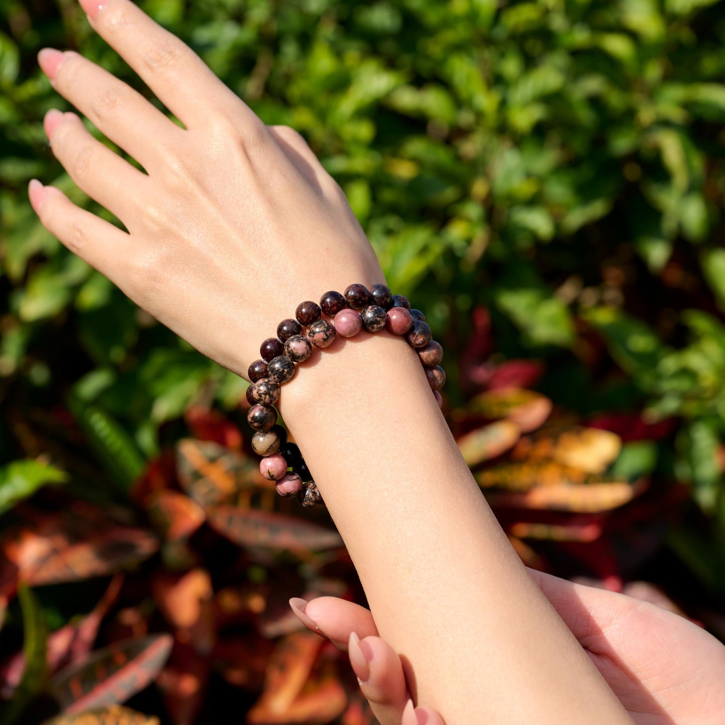 Bivei Natural Gemstone Semi Precious Crystals Handmade Stretchy Round Beads Bracelet, Enhance Positive Energy,Stocking Stuffers for Women(Garnet & Rhodonite(Passion & Love) Medium)