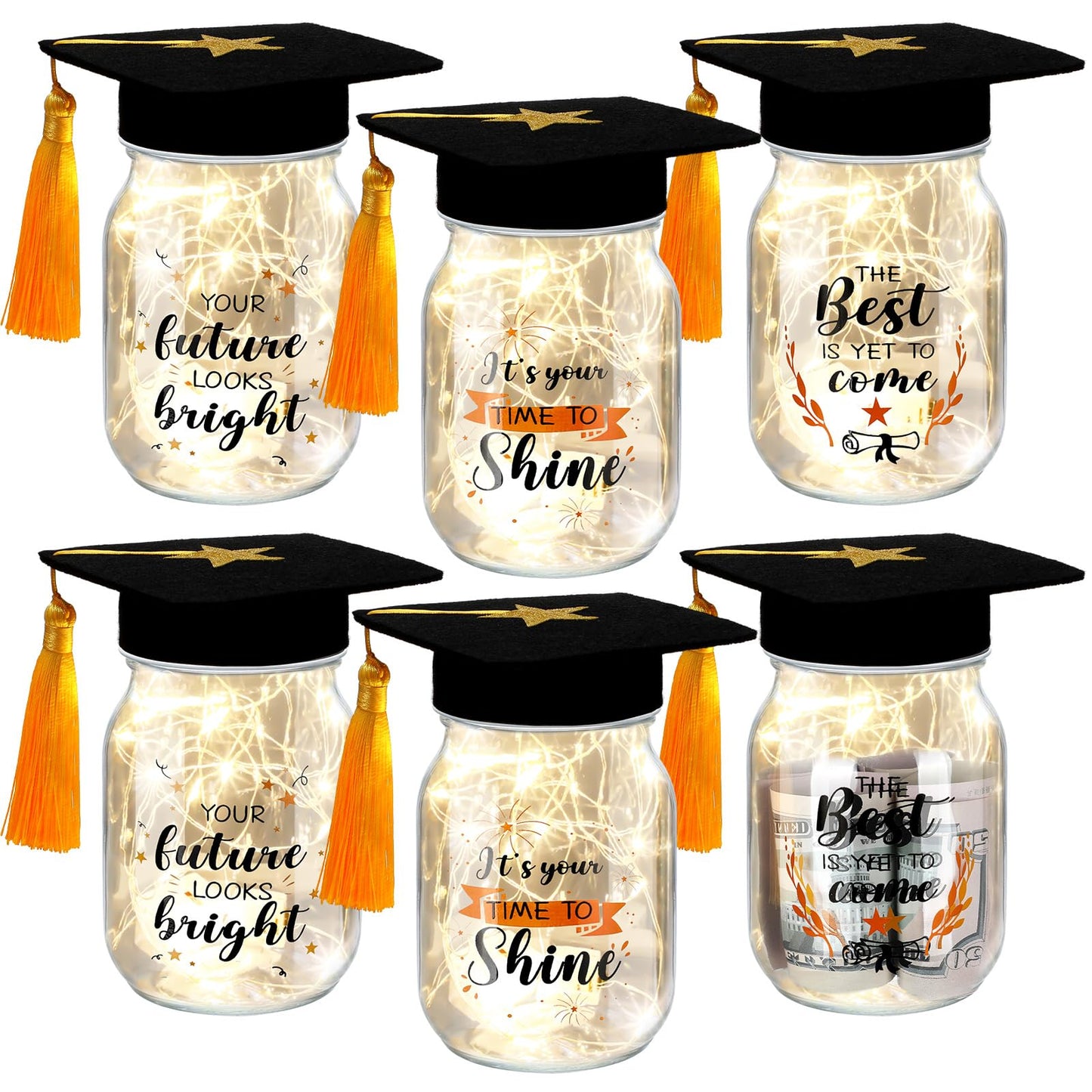 Hushee 6 Set Graduation Mason Jar for Table Centerpieces, Decorative Mason Jar with LED Light and Graduation Caps, Class of 2026 Gifts bulk for High School College Congrats Party Decor