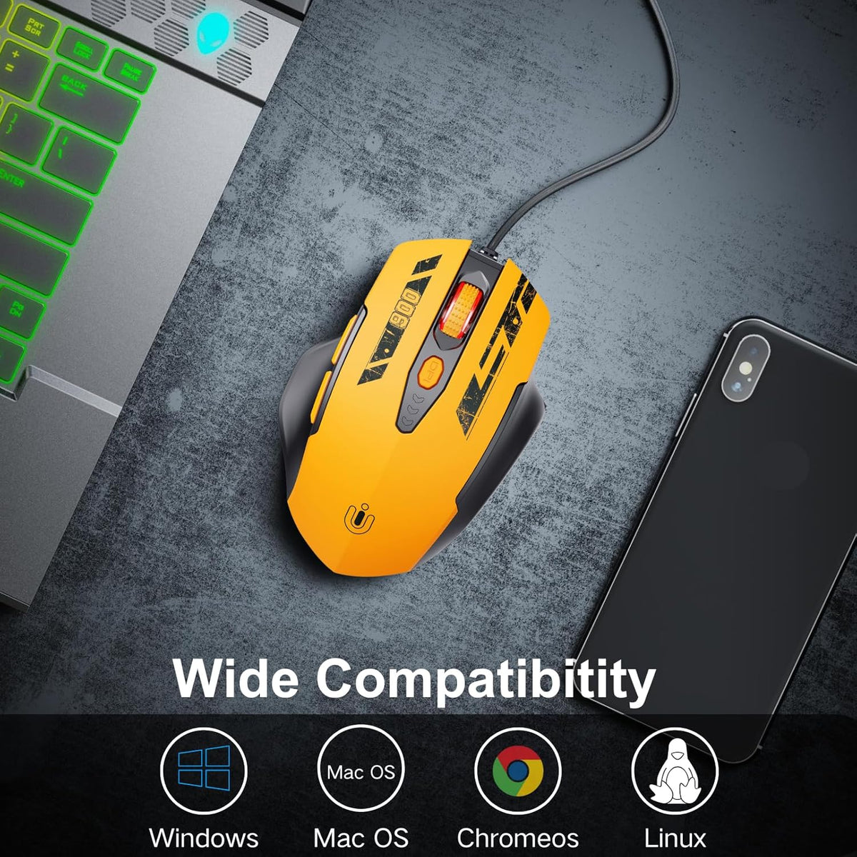 Wired Mouse, USB Mouse Wired with 6 Buttons Ergonomic Design,1.5M USB Cable Computer Mice 7200DPI Mice for PC Laptop, Yellow