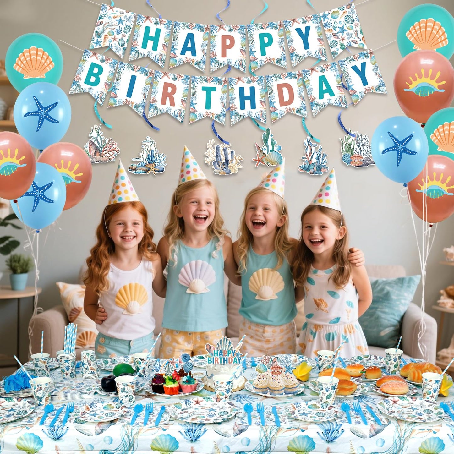 Obussgar Shells Birthday Party Decorations - Shells Party Supplies including Banner, Plate, Cake Topper, Cup, Napkin, Balloon, Tablecloth - Serves 20