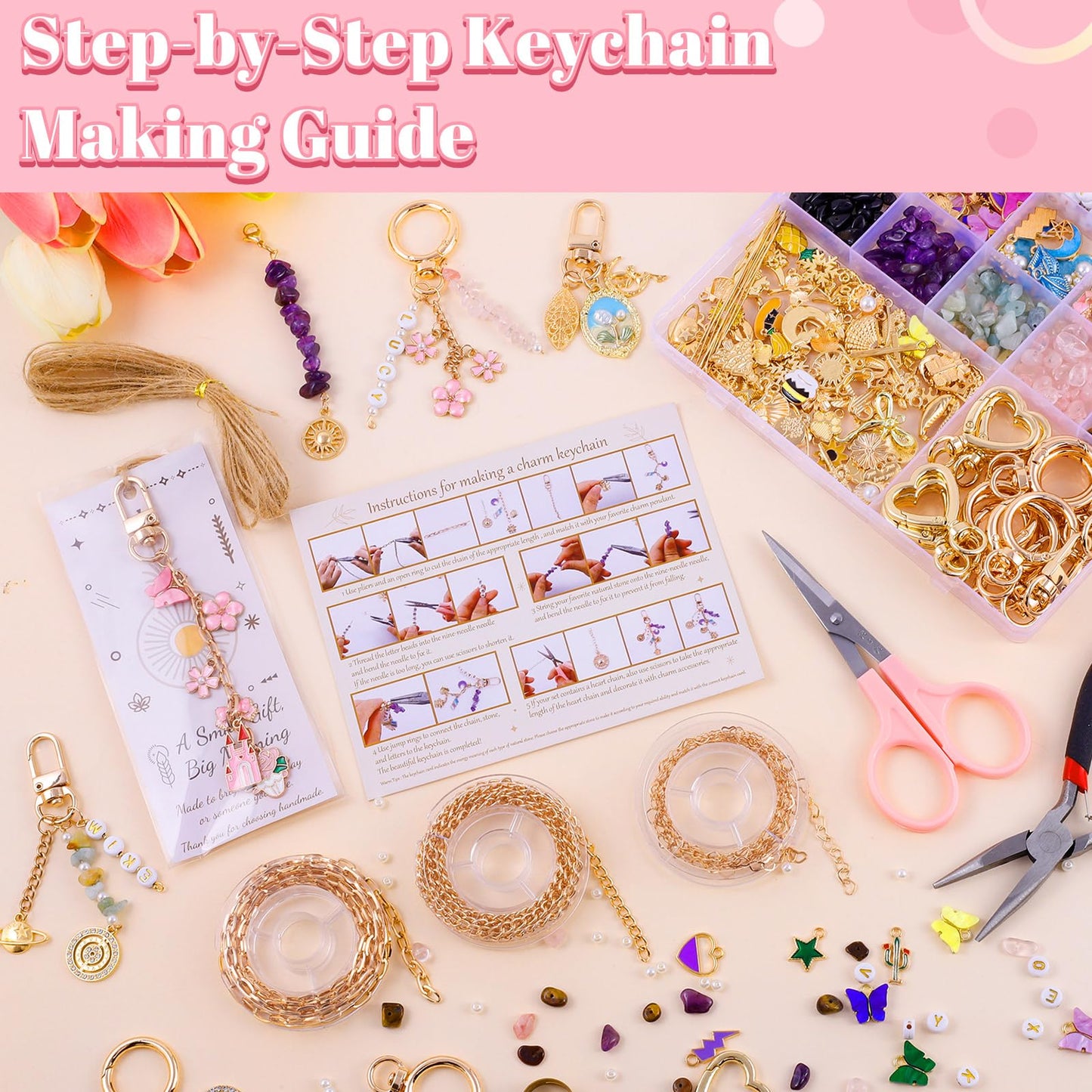TOHONGADON 907 Pcs Lip Gloss Charms, Keychain Making Kit, Bag Charm Kit with 5 Kinds of Crystal Stones, 343 Charms, 24 Keychain Clips, Key Ring Jewelry Plier, Extender Chain for DIY Crafting