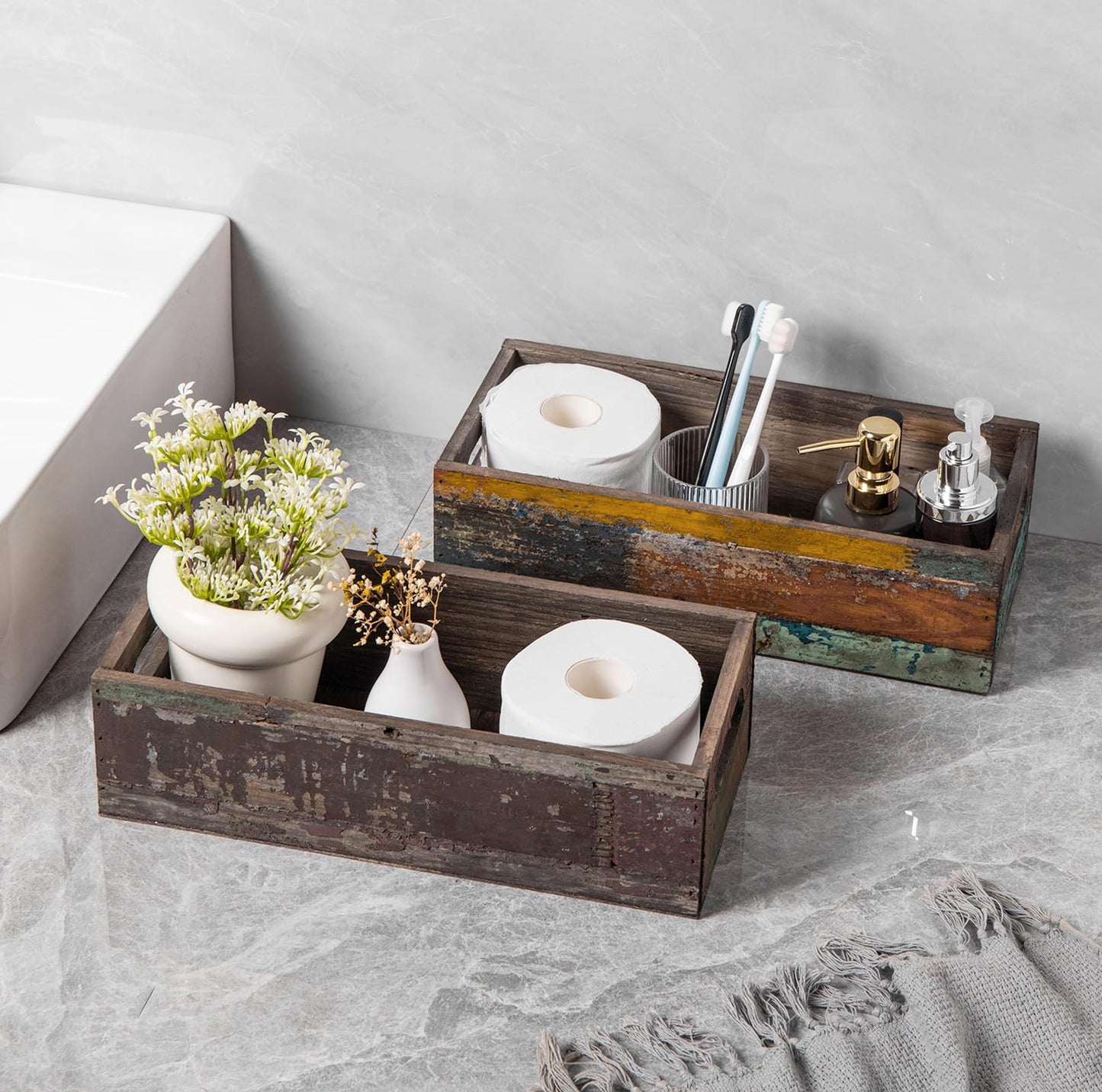TIMRIS Farmhouse Distressed Wooden Storage Box, Rustic Bathroom Decor Box, Decorative Toilet Tank Basket Nice Butt, Solid Reclaimed Wood Organizer Box with Handles (Random)