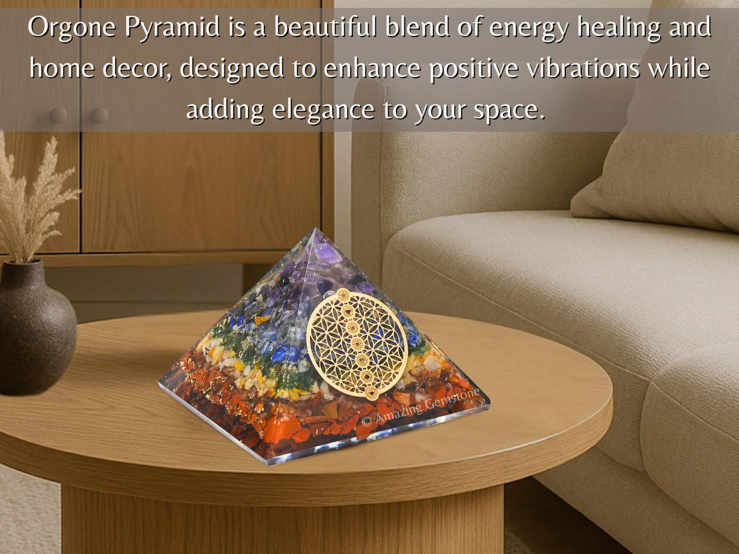 Amazing Gemstone Large Orgone Pyramid | Natural Chakra Pyramid Crystal | Chakra Flower of Life Orgonite Pyramid | Organ Pyramids Positive Energy Healing