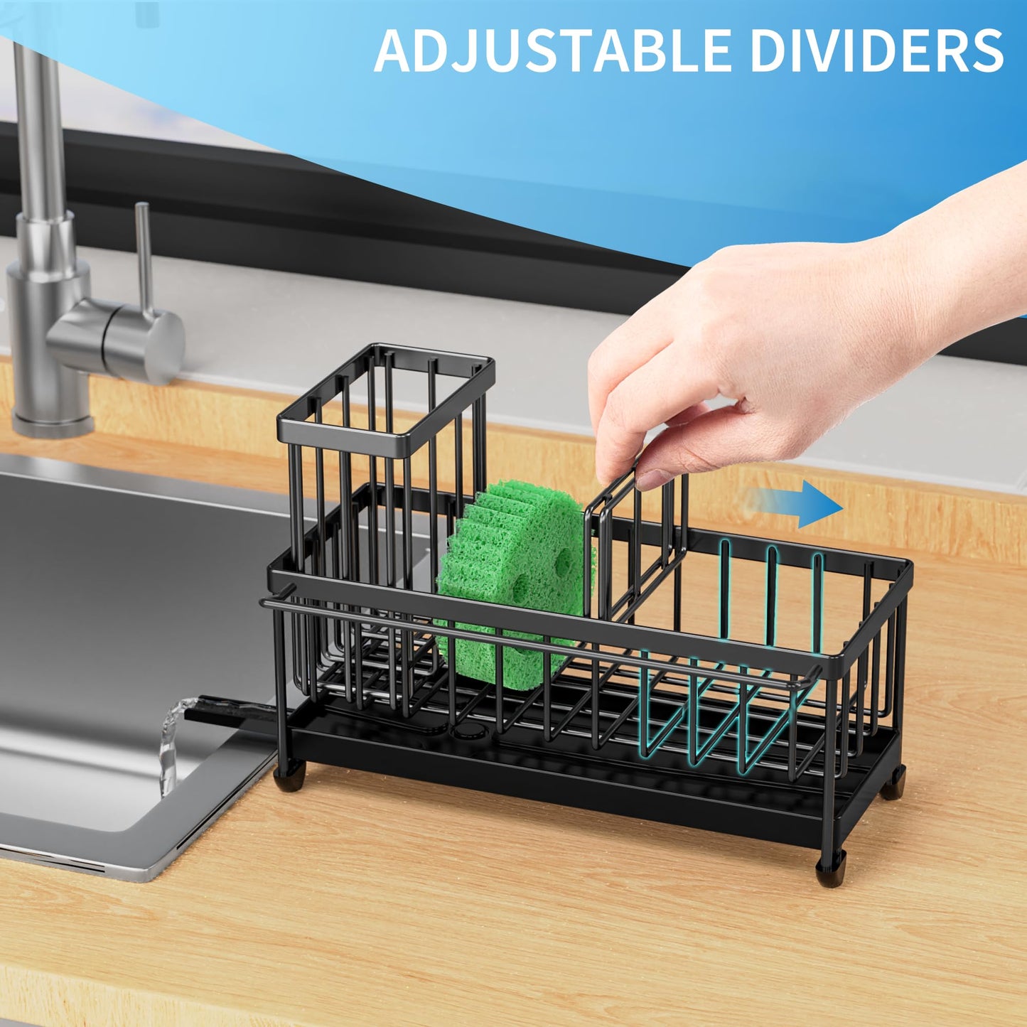 Cisily Sponge Holder for Kitchen Sink, Sink Caddy Organizer with High Brush Holder, Kitchen Countertop Organizers and Storage Essentials, Rustproof 304 Stainless Steel (Black with Towel Rack, 9.25″)