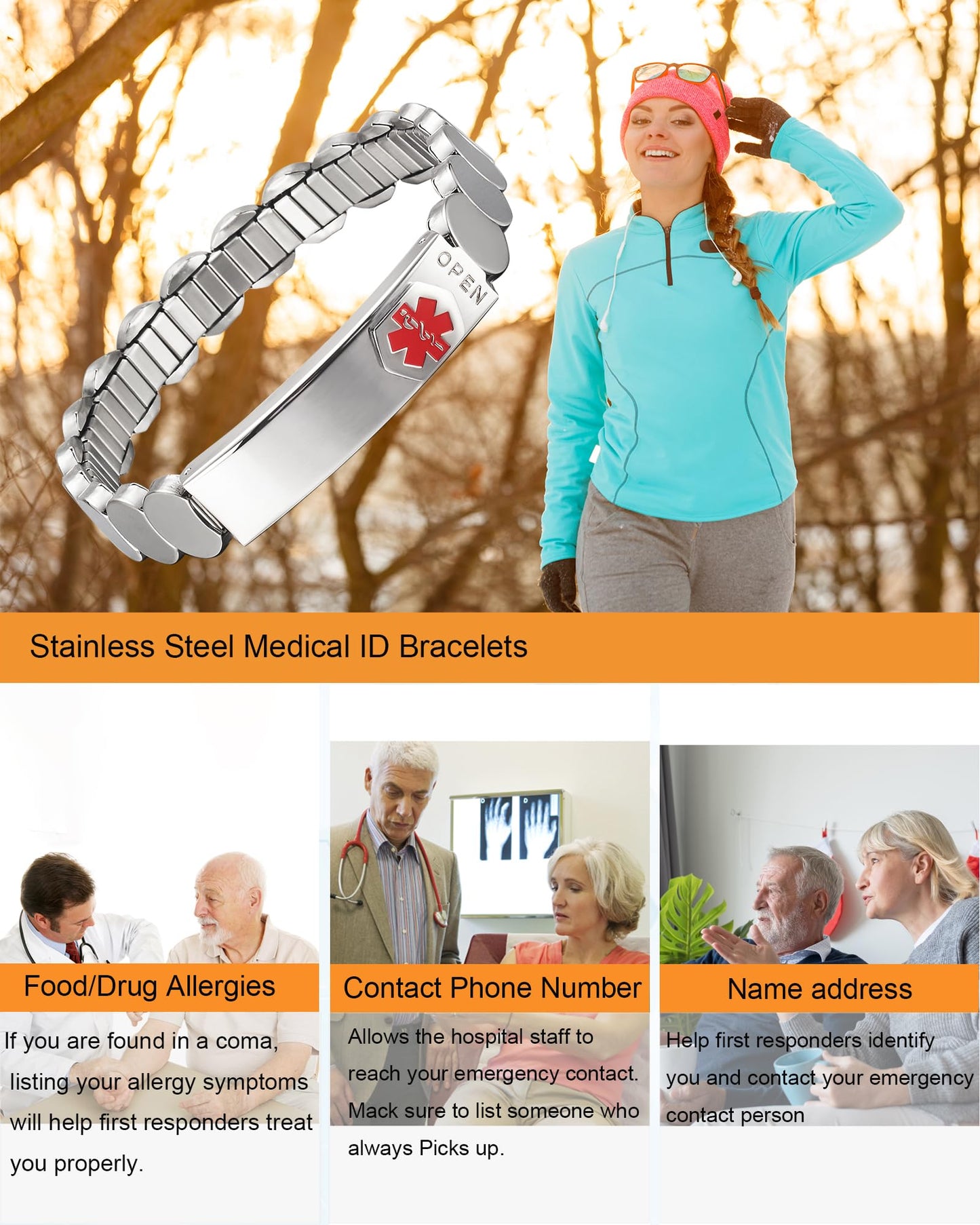 EnerMagiX Medical Alert ID Bracelets for Women, Silver Stainless Steel Personalized Emergency Adjustable Elastic Bracelet 7.48'' for Diabetes Type 1 2, Allergy, Dnr, Personalized Gift