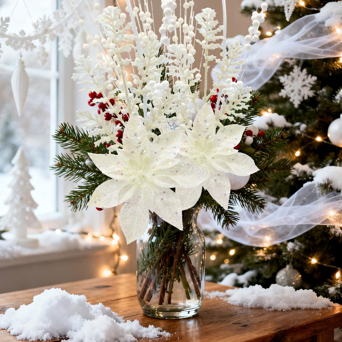 18 Pack Christmas Tree Ornaments Set, 17.5 Inch White Fake Christmas Picks Decorations with 2 Styles, Artificial Glitter Berry Stem Ornaments for Christmas Tree Wedding Small Vase Wreath Decor