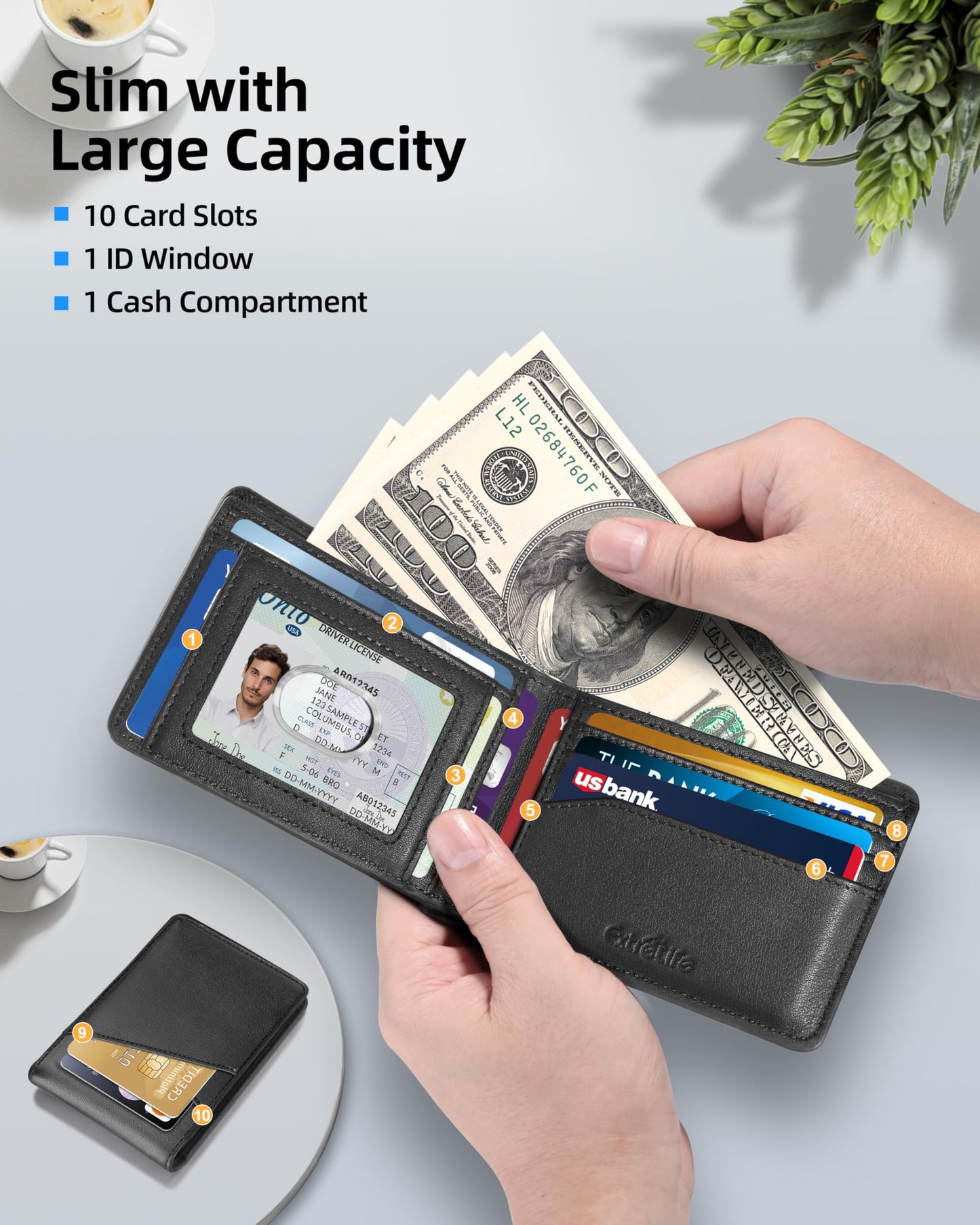 ExtreLife Mens Wallet with Smart Tracker, Genuine Leather Bifold Wallet, Works with Apple Find My, 10 Card Slots, Money Pocket, ID Window, RFID Blocking, GPS Wallet Tracker, Gift Box, Black