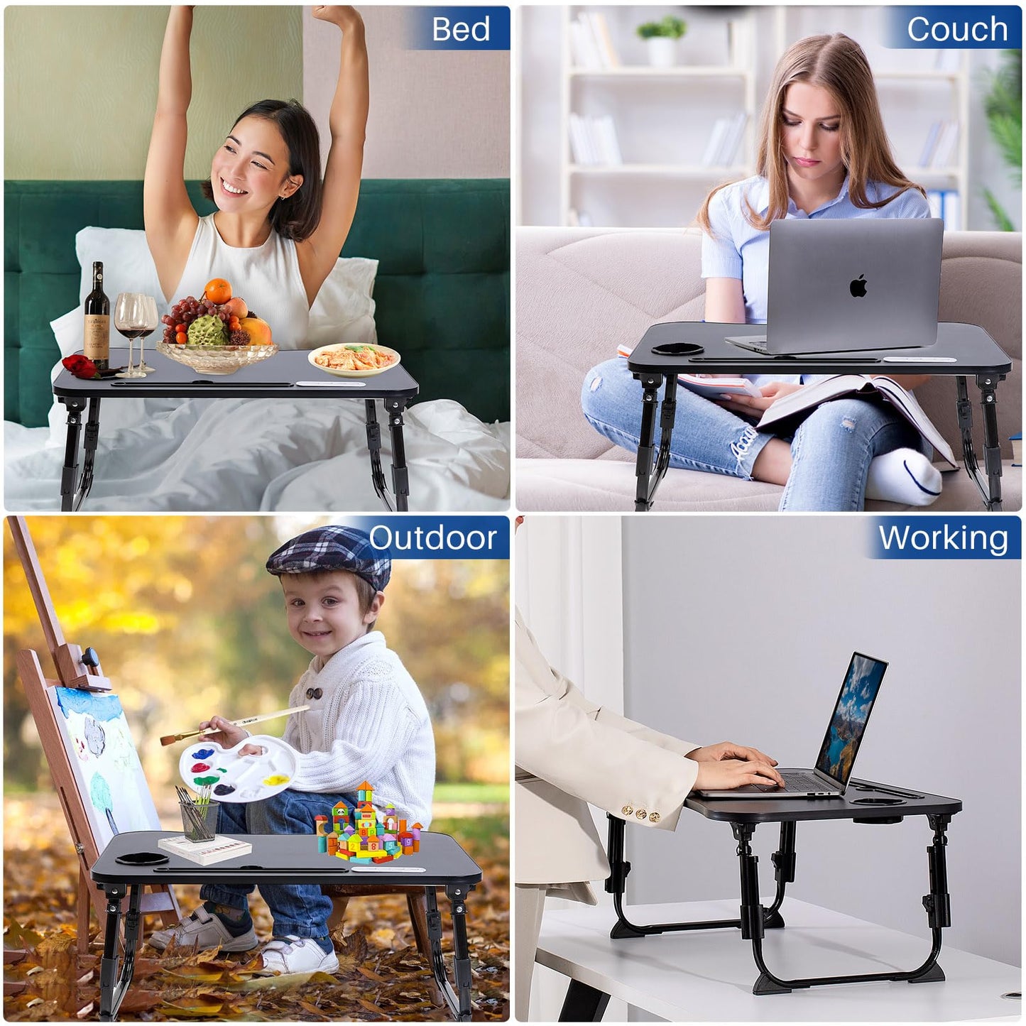 BYMECOST Laptop Desk for Bed, Height Adjustable Laptop Bed Table, Foldable Portable Lap Desk Stand with USB/Storage Drawer/Cup Holder/Slot, Breakfast Tray for Working Reading Writing Eating