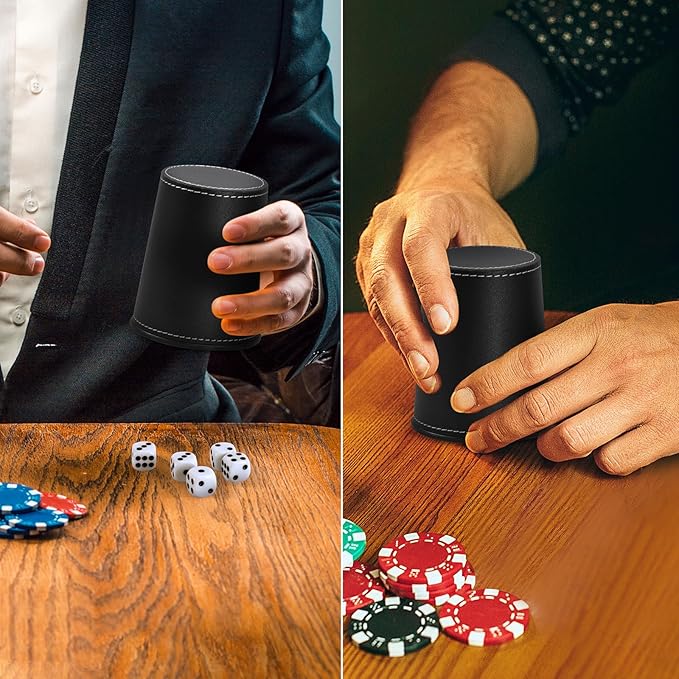 5X Dice Cup Set, PU Leather Dice Shaker Cups with 30 Dices for Bar Party Yahtzee Farkle Dice Games, Coffee (5, Black)