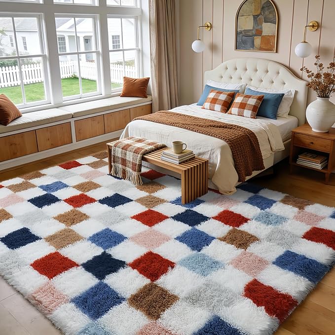 Shag Area Rug for Bedroom Living Room,6x9 Fluffy Soft Colorful Checkered Rug Fuzzy Shaggy Bedroom Carpet,Indoor Plush Floor Rugs for Kids Boys Girls Teen Dorm Nursery Home Decor