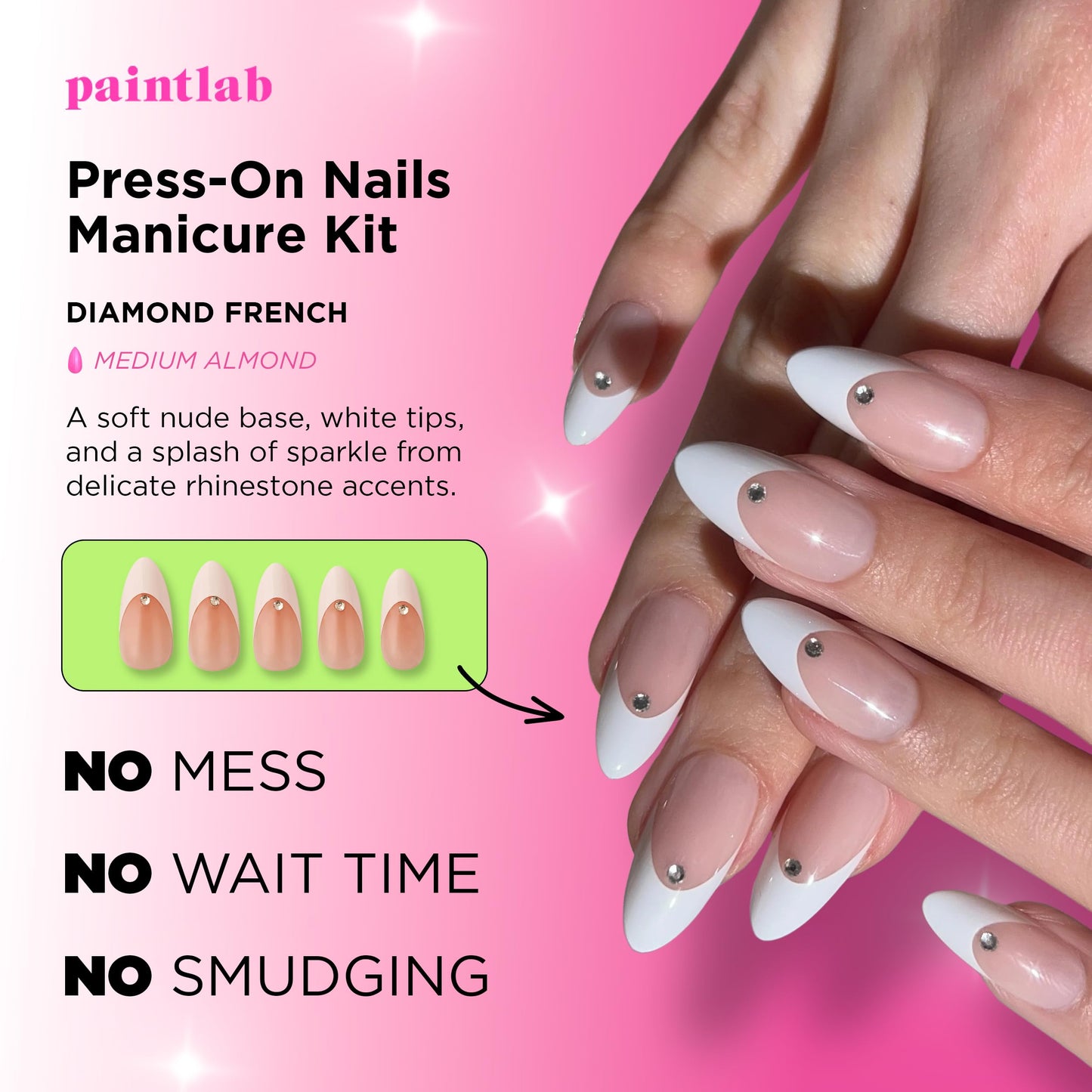 PaintLab Press On Nails - French Tip 3D Diamond Almond Fake Nails, 30 Nails in 15 Sizes with Glue, Reusable Salon Quality Press On Nails