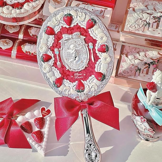 Flower Knows Strawberry Cupid Hand Mirror,Vintage Handheld Mirror,Fancy & Pretty Princess Mirror with Long Handle,Gift for Girls & Women(Red Velvet)