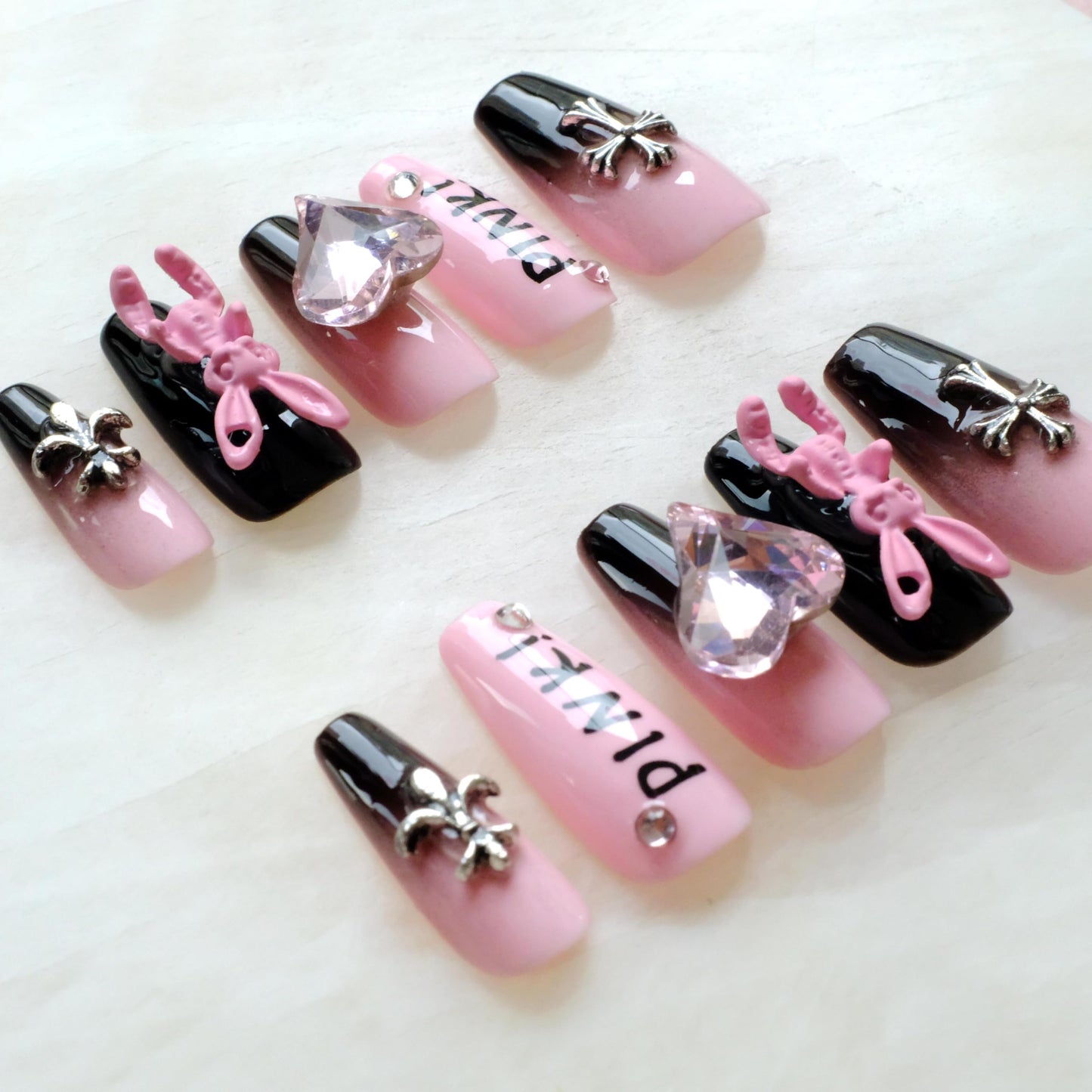 GLORS Luxury long Long Ballerina Press-On Nails, Pink and Black Gothic Design with 3D Bunny and Diamond Heart, Handmade False Nail 10 Pieces (Small, LS)