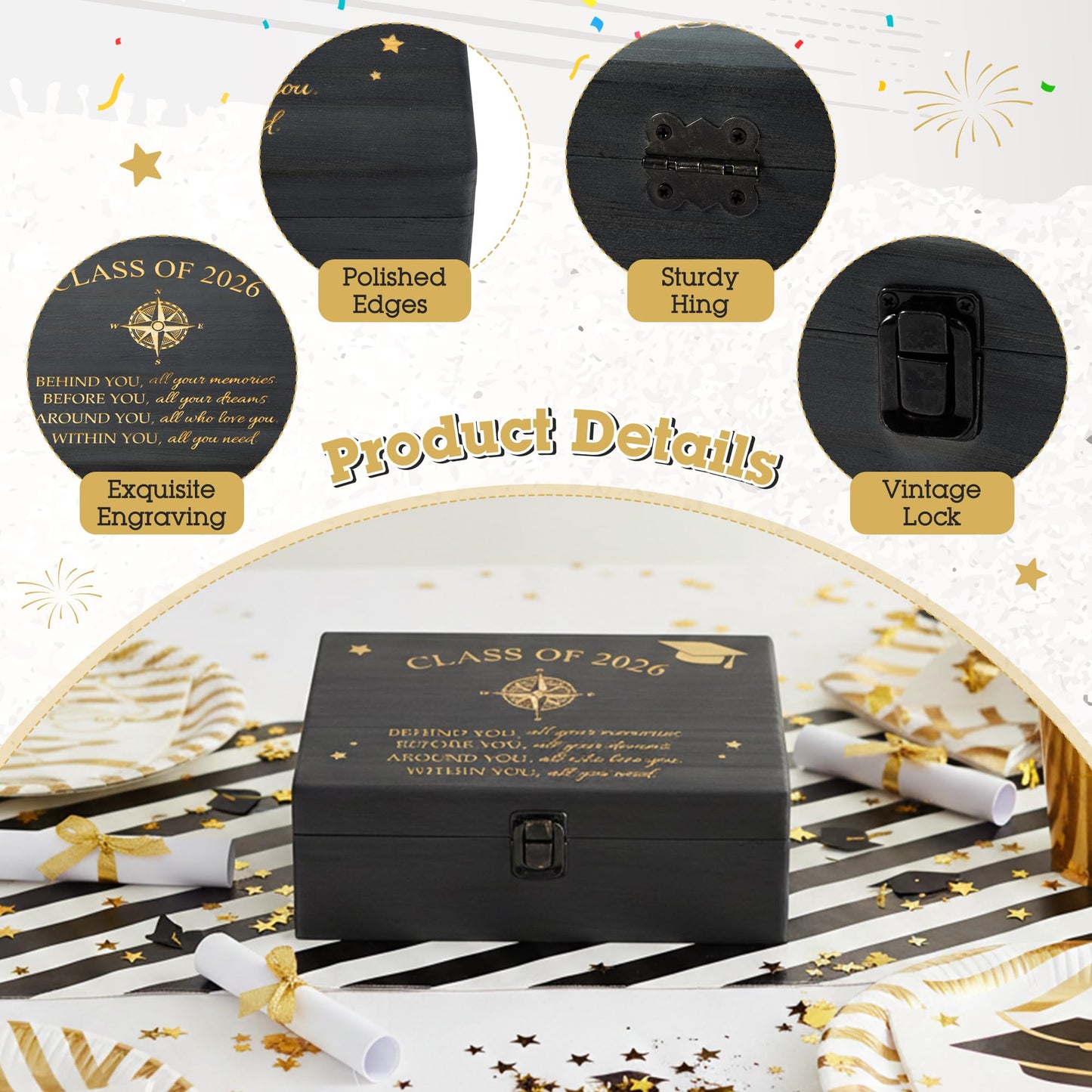 R HORSE Graduation Keepsake Wood Box, Wooden Engraving Memory Box for High School Graduates, Engraved Class of 2026 Graduation Gift for Him Her Memory Storage & Party Favor