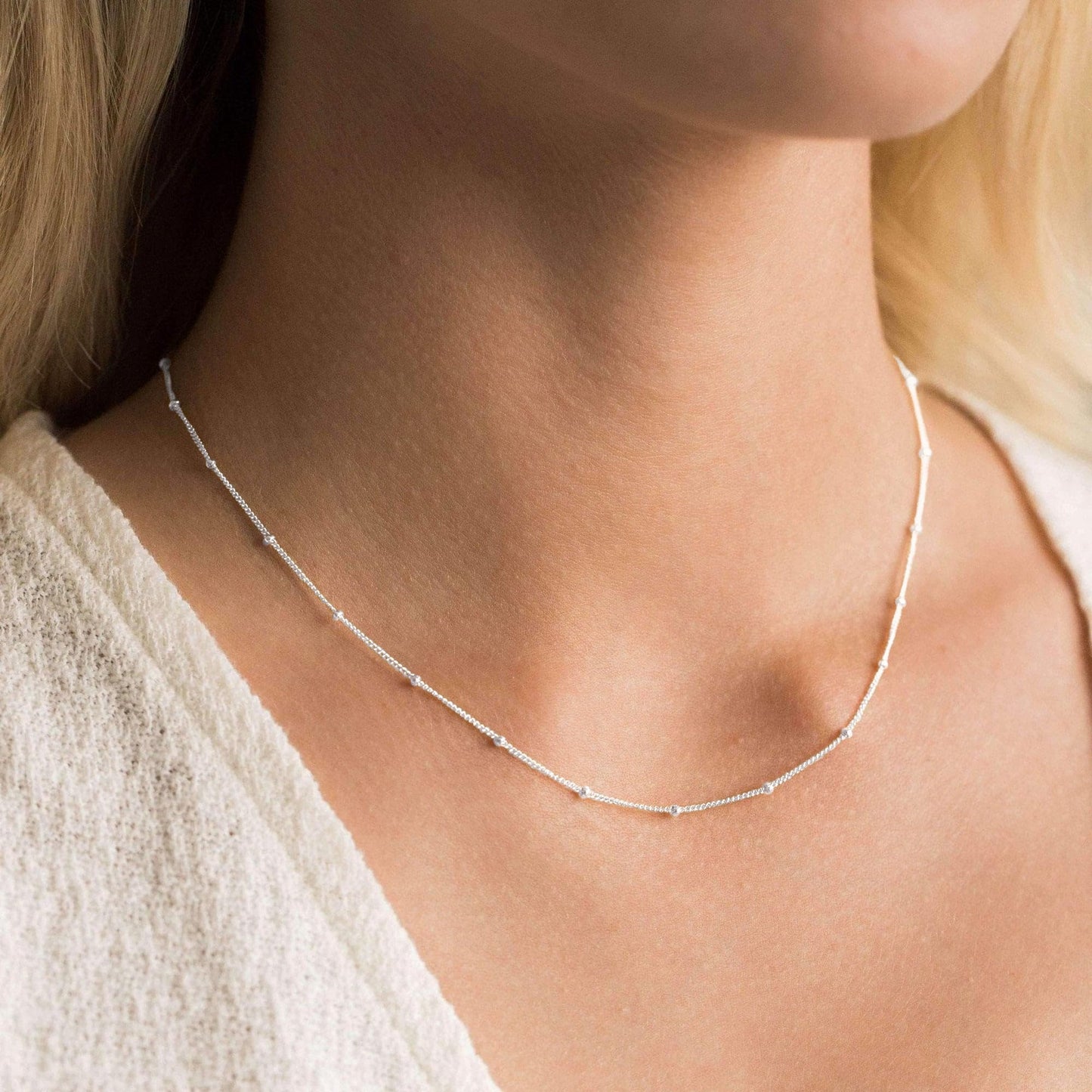 Freekiss 925 Sterling Silver Satellite Chain Necklace for Women Trendy 16+2 Inch Adjustable Dainty Layered Cuban Beaded Chain Choker Necklace Thin Simple Stackable Silver Jewelry Gift