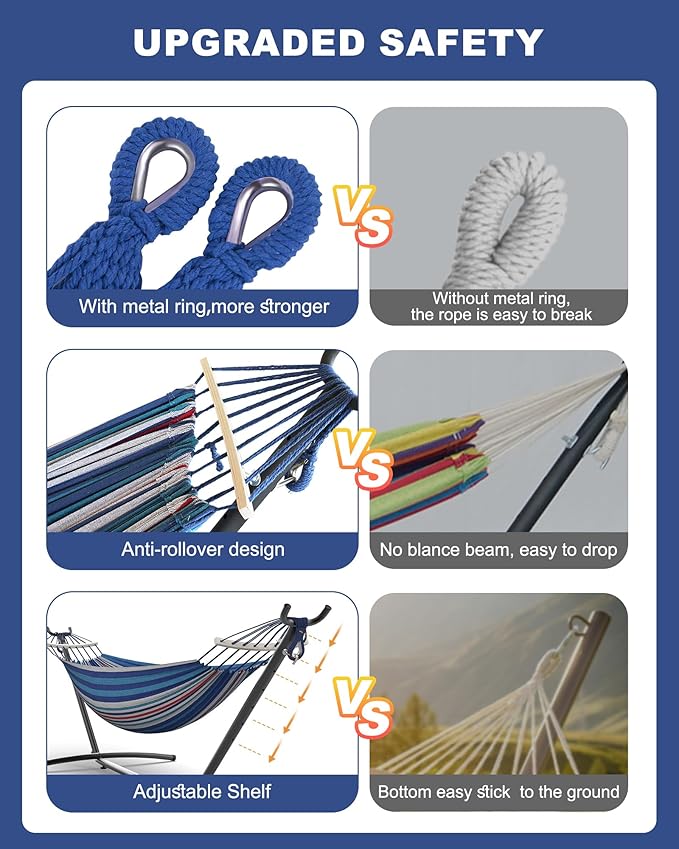 Double Hammock with Heavy-Duty Steel Stand,Portable,Easy Assembly,600lbs Weight Capacity,Suit for Indoor,Yard,Camping,or Outdoor-Fine Blue