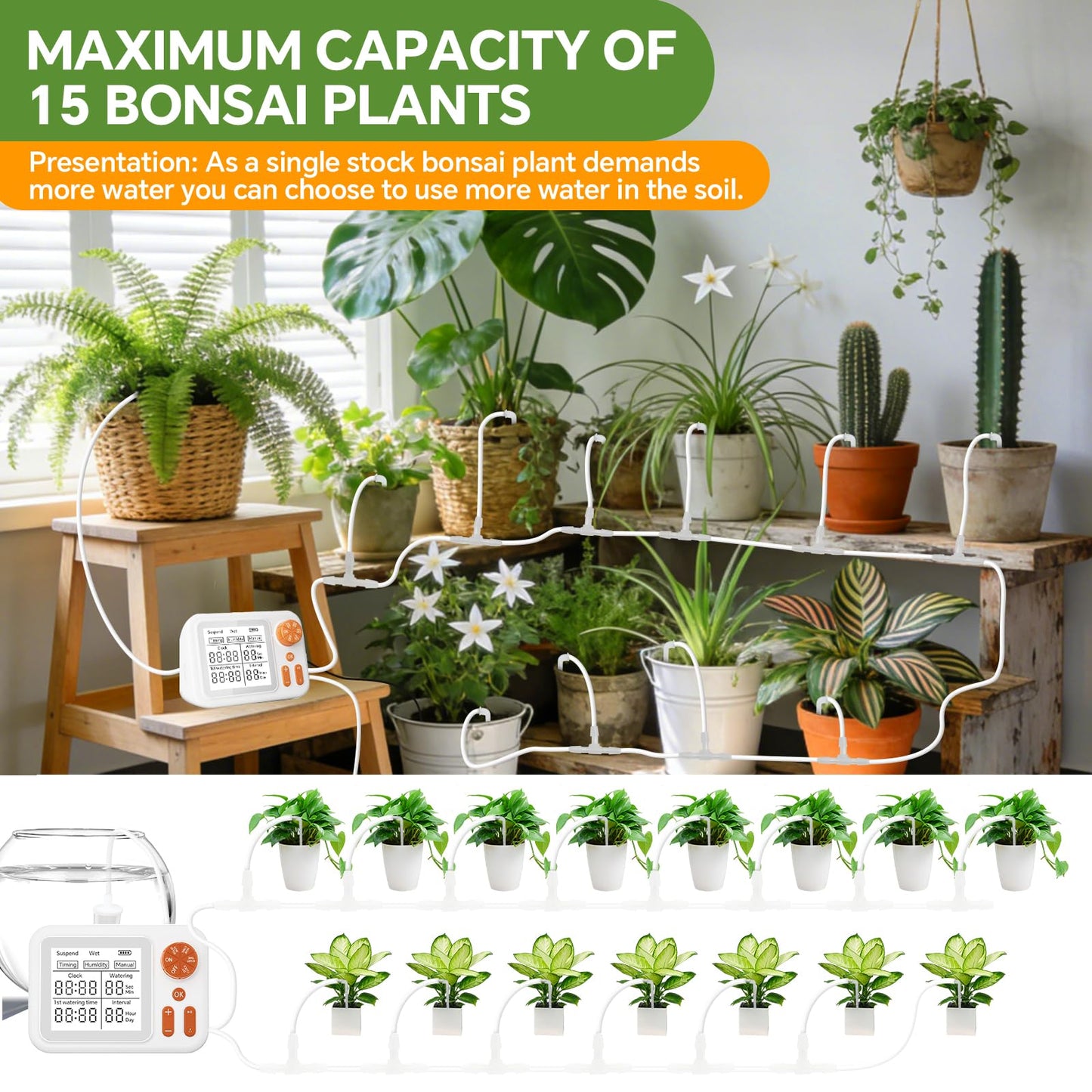 Automatic Plant Waterer Indoor with Large Display for Pot Plants, Cycle & Soak Mode Vacation Self Watering Drip Irrigation System Device Kit Office Patio Greenhouse Grow Tent Water 10-15 Plants