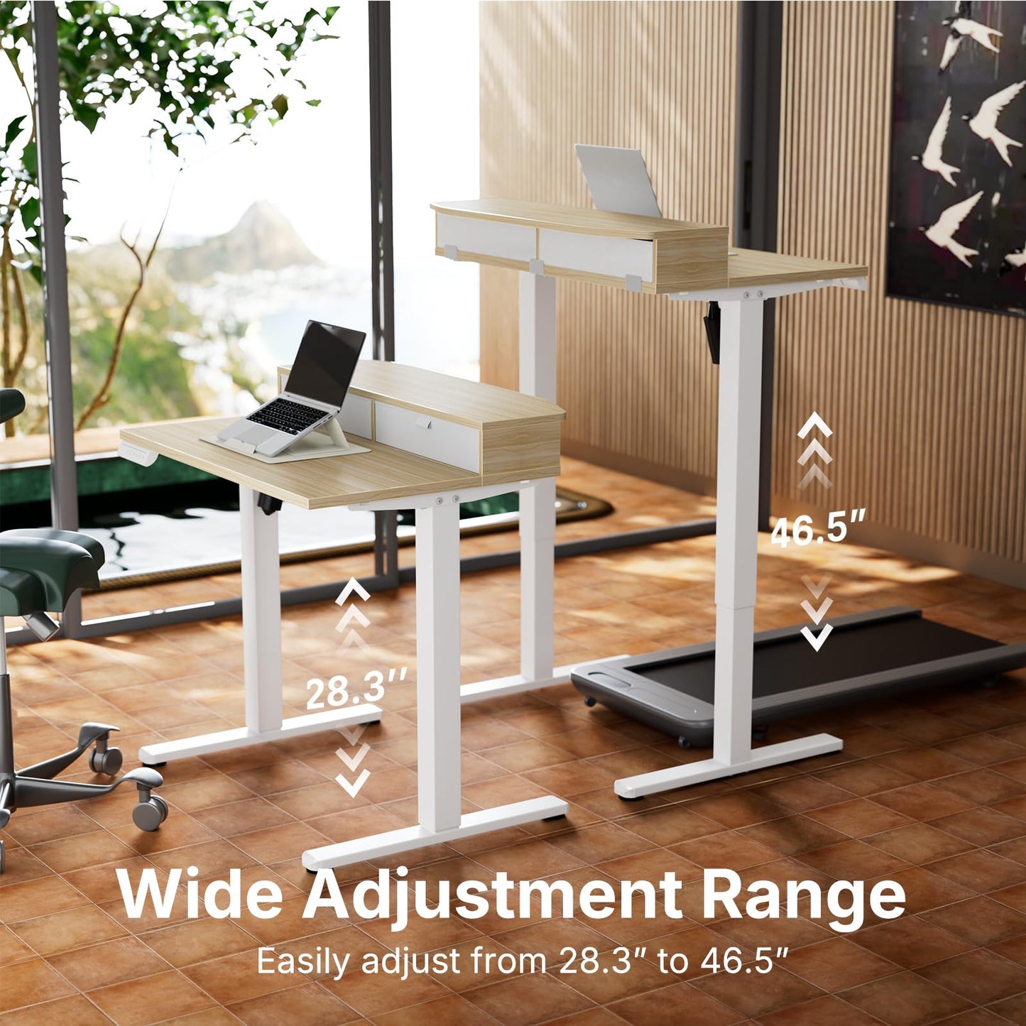 HUANUO 32 x 21 inch Small Electric Standing Desk with 2 Drawers, C-Clamp Mount Compatible, Height Adjustable Sit Stand Desk, Home Office Stand Up Desk with 4 Memory Height Settings, Light Walnut