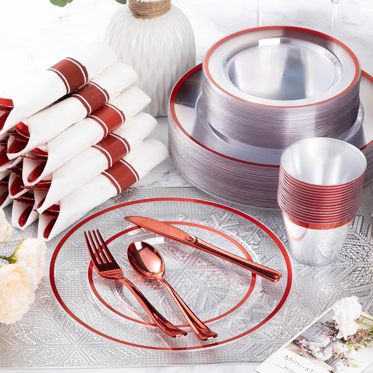 Goodluck 350 Piece Red Plastic Dinnerware Set for Party, Clear Disposable Plates for 50 Guests, Include: 50 Dinner Plastic Plates, 50 Dessert Plates, 50 Pre Rolled Napkins with Cutlery Set, 50 Cups