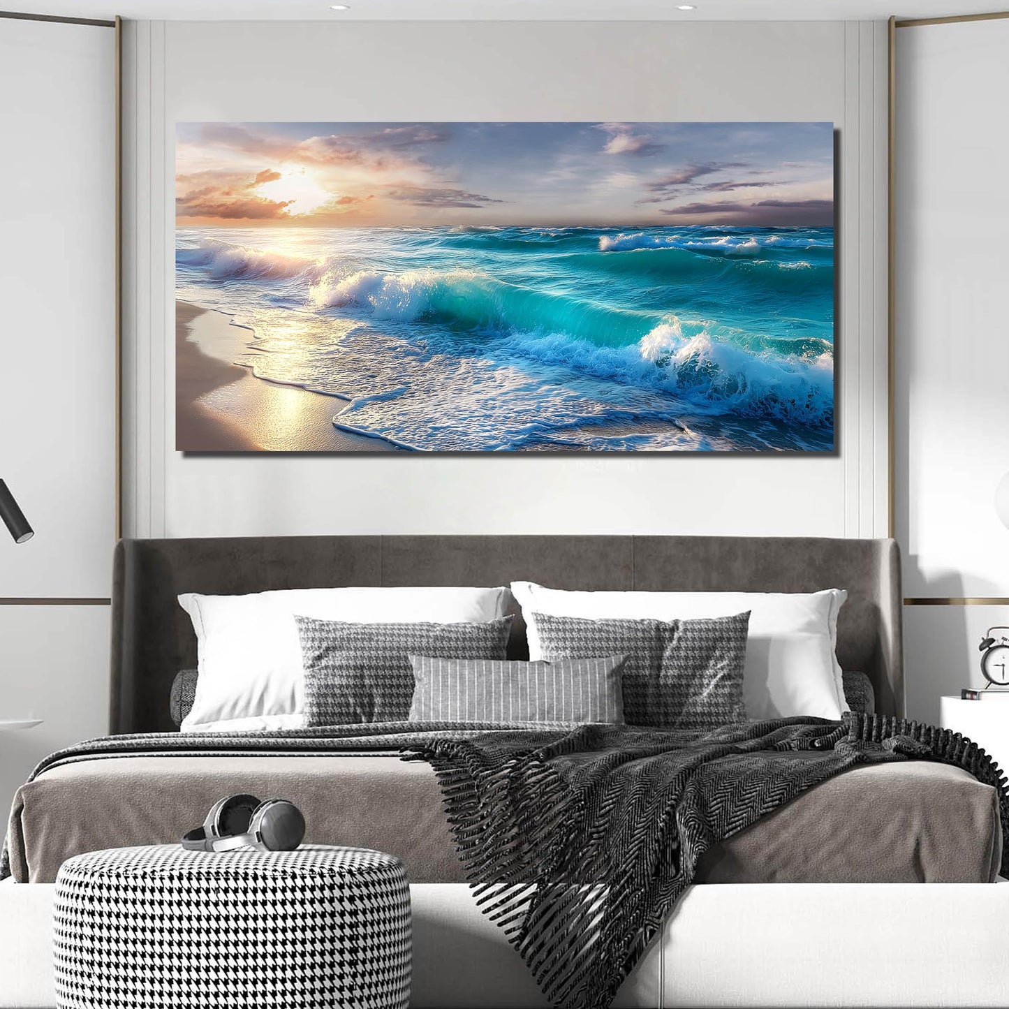 GUGIKA Ocean Wall Art for Living Room, Blue Wave and Large Coastal Beach Canvas Wall-Decor for Bedroom, Gold Sun Scenery Pictures for Hallway Office, Size 59 x 29 Inches