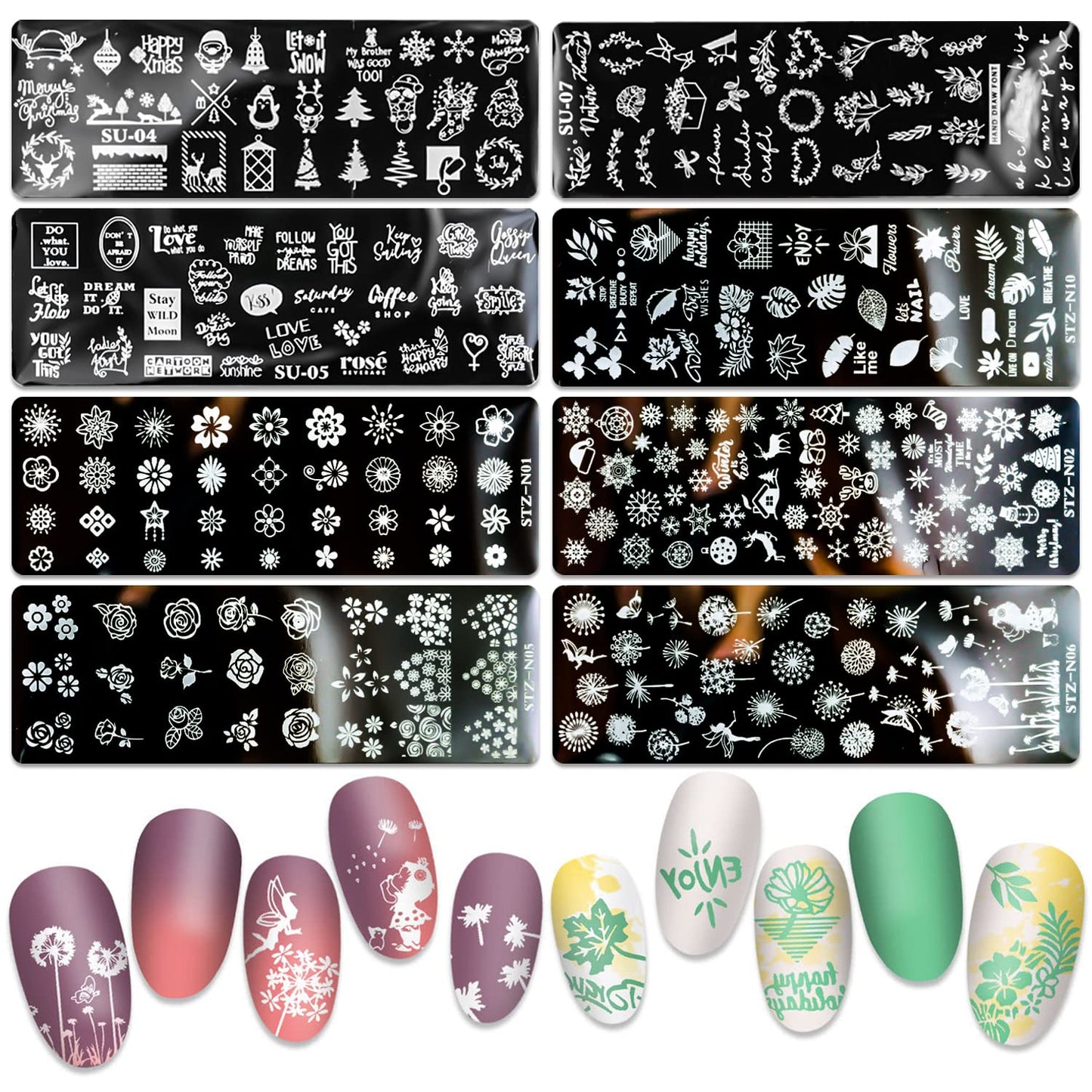 SILPECWEE 8 Pieces Nail Stamping Plate Flower Leaf Holiday Nail Stamps Nail Art Stencils Stamping Plates For Nails Manicure Stamping Kit