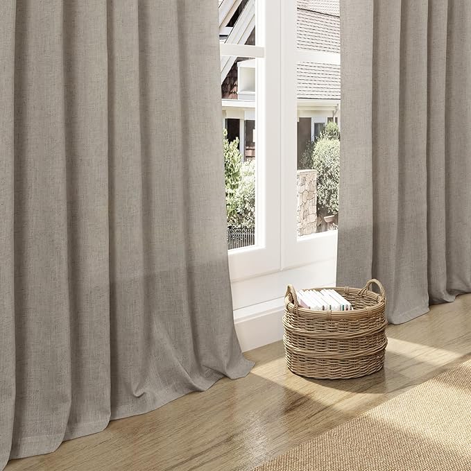 Nanspring Grey Beige Linen Curtains 84 Inches Long for Living Room Light Filtering Semi Sheer Curtain Back Tab Simple Modern Elegant Neutral Luxury Boho Gray Drapes for Bedroom 52x84, 2 Panels