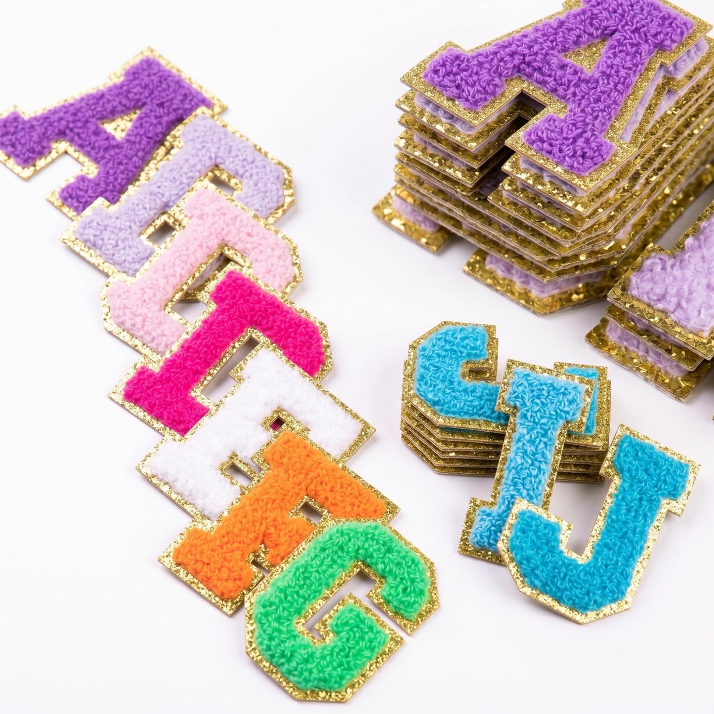 132 Pcs Varsity Letter Patches Kit - 104 Self Adhesive Chenille Letters & 28 Iron On Stars, No-Sew Fabric Patches for Clothes, Jackets, Backpacks, Hats, DIY Crafts (2.17", Multi-Color)