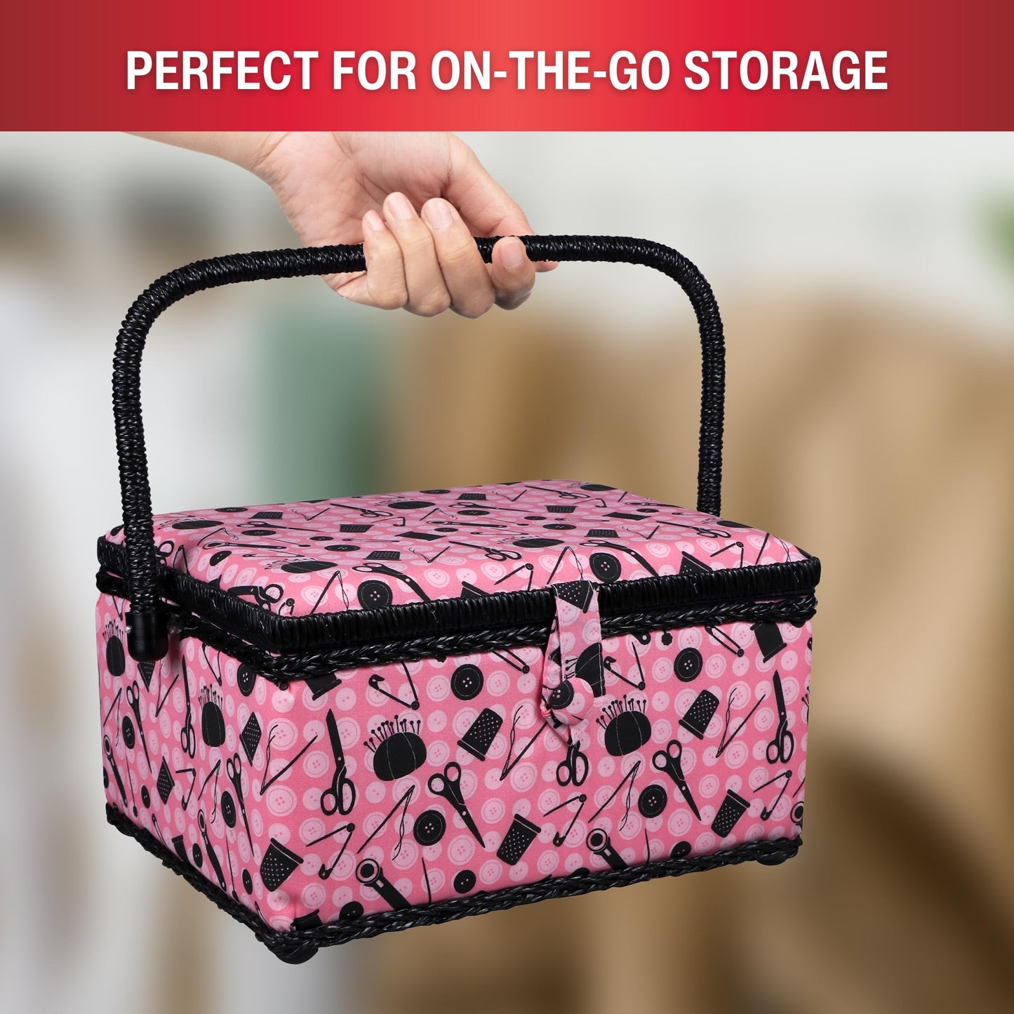 SINGER 07276 Sewing Basket with Sewing Kit Accessories, Pink & Black,