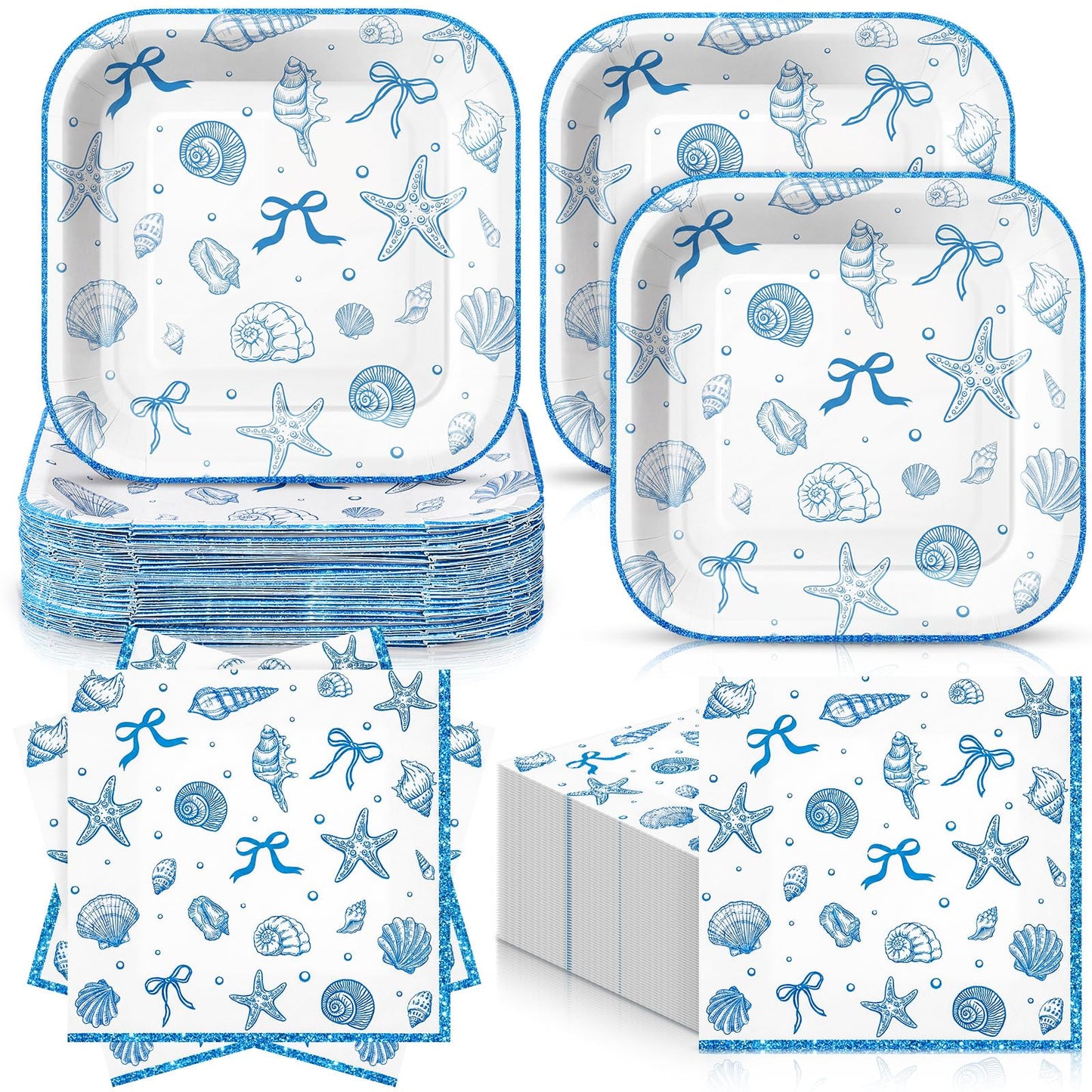 Zhehao 72 Pcs Coastal Seashell Plates and Napkins Set Serve 36, 7" Ocean Beach Party Supplies Disposable Blue Bow Starfish Seashell Beach Bachelorette Under The Sea Dinnerware Decoration
