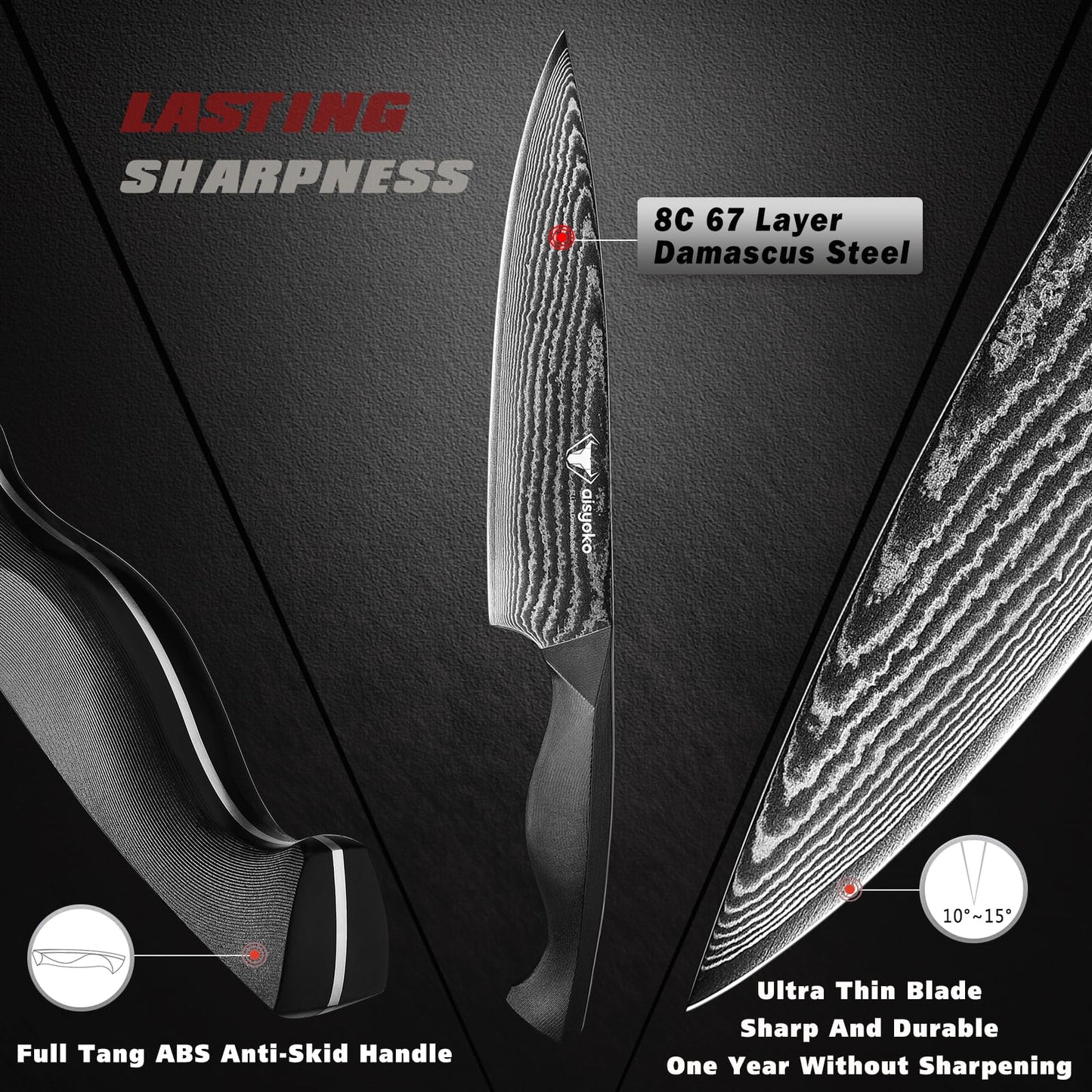 Aisyoko 8C Damascus Knife Set - 3PC Chef's Knife, Kitchen and Paring Knives, High Carbon Stainless Steel, Ergonomic Full Tang ABS Anti-Skid Handle