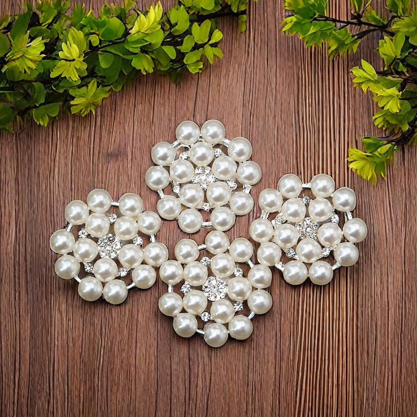24 pcs Pearl Buttons Rhinestone Crystal Silver Flatback Beads Brooches Elegant Embellishment Accessory DIY Craft for Wedding Party Bags Shoes Dress Home Decoration 24mm (Silver)