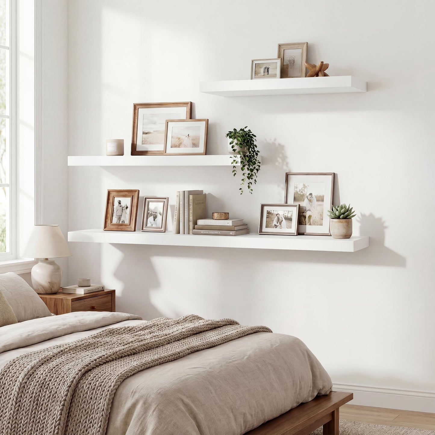 Acovy 24 Inch Floating Shelves for Wall Decor,9.3" Deep Floating Shelf Wall Book Shelves,Large Display Storage Shelf,Wall Mounted Shelves with Invisible Bracket for Living Room,Bedroom,Bathroom,White
