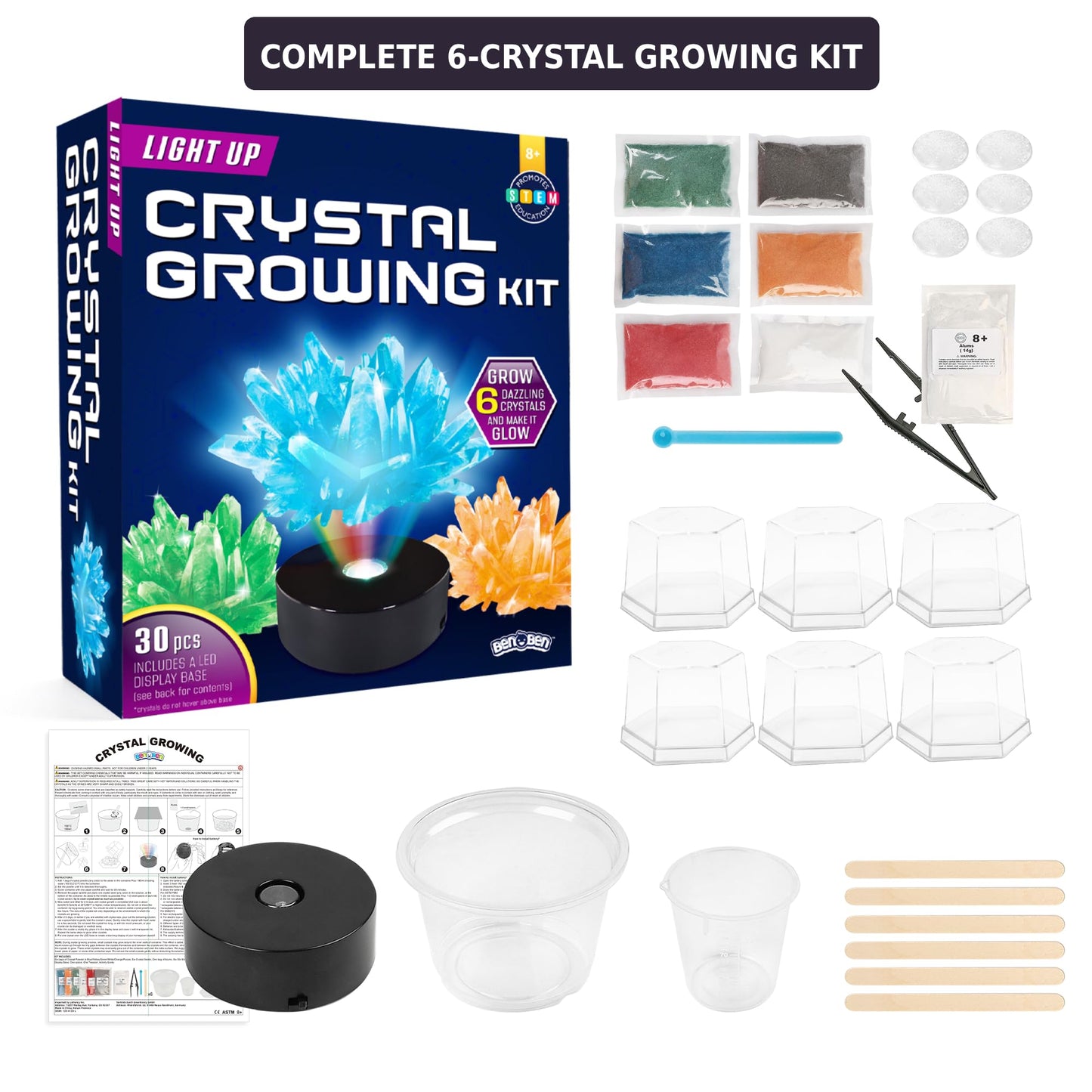 BenBen Light Up Crystal Growing Kit for Kids - Grow 6 Vibrant Crystals - STEM Science Experiments DIY Kit with LED Display Night Light Base - Educational Toys Birthday Gifts for Boys Girls Age 8-12