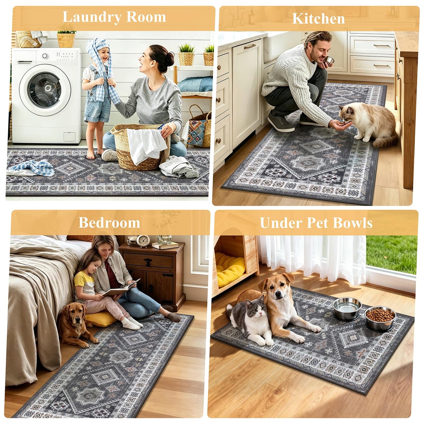 HEBE Boho Kitchen Rug Sets 3 Piece with Runner Non Slip Kitchen Rugs and Mats Washable Kitchen Mats for Floor Thick Kitchen Floor Mat Carpet Runner Rugs for Hallway Laundry Holiday Decor