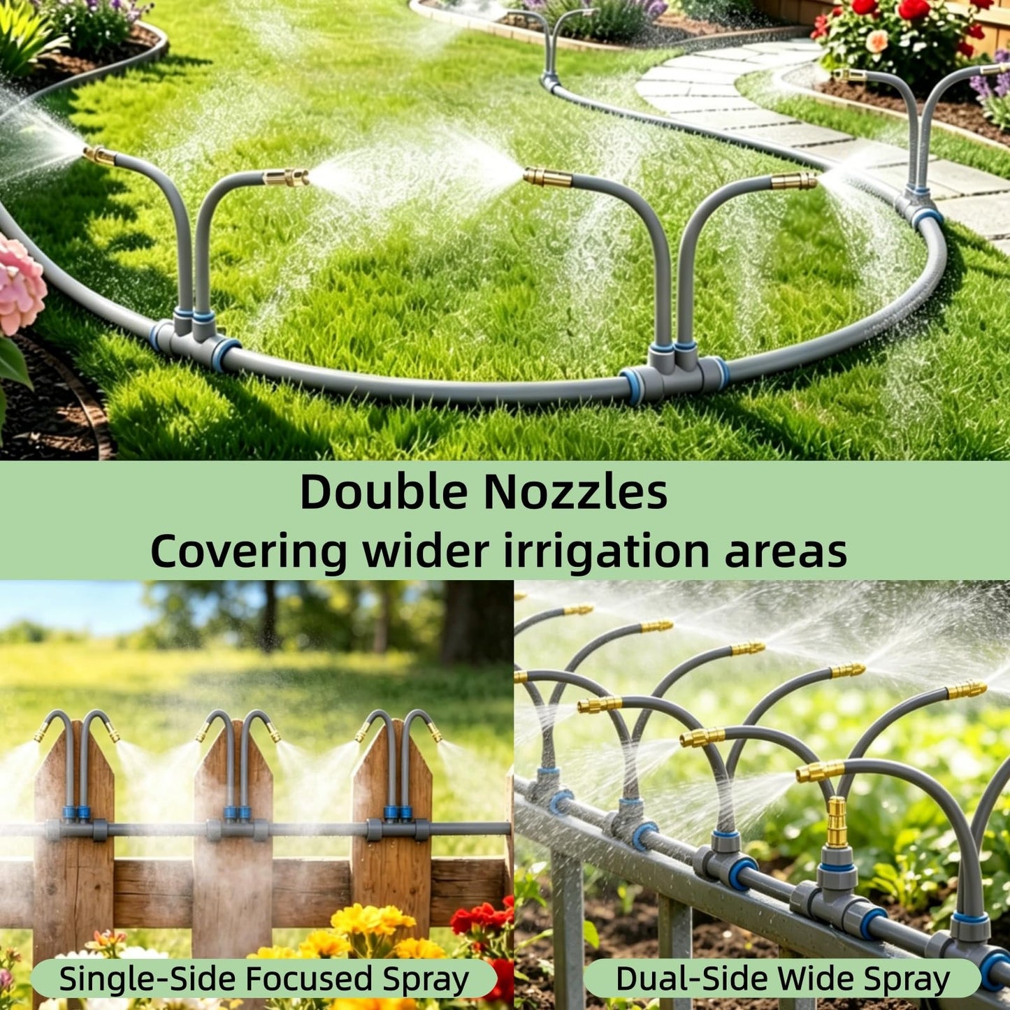 39 FT Drip Irrigation System - Double-Head 360° Adjustable Garden Watering System with 24 Spray Nozzles, Garden Atomizing Misting System & Irrigation System for Garden, Greenhouse, Yard, Lawn, Plants
