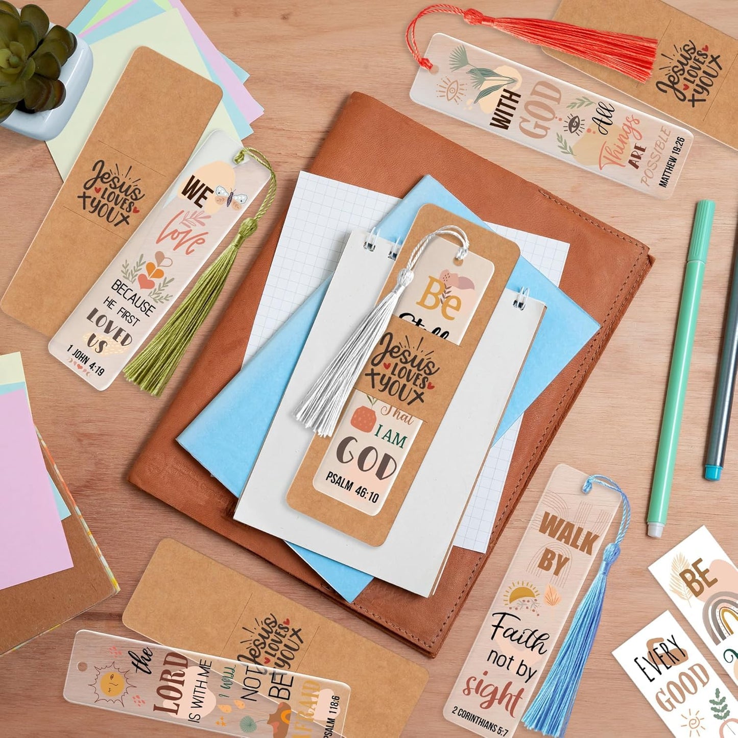 Haooryx Boho Christian Bible DIY Bookmark- 96Pcs Bible Verse DIY Bookmark UV DTF Transfer Sticker Blank Acrylic Tassel Bookmarks Transparent Rectangle Acrylic Bookmark for Kids DIY Crafts Kit Gift Tag