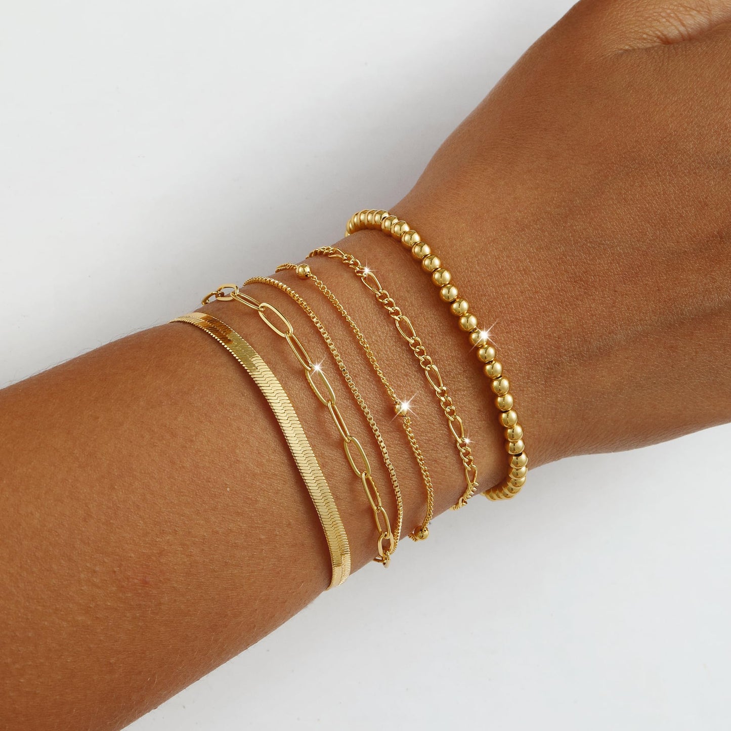 VIROMY Gold Bracelets for Women Waterproof,14K Gold Plated Layered Stackable Bead Bracelet Adjustable Size Jewelry Sets Gifts 6PCS