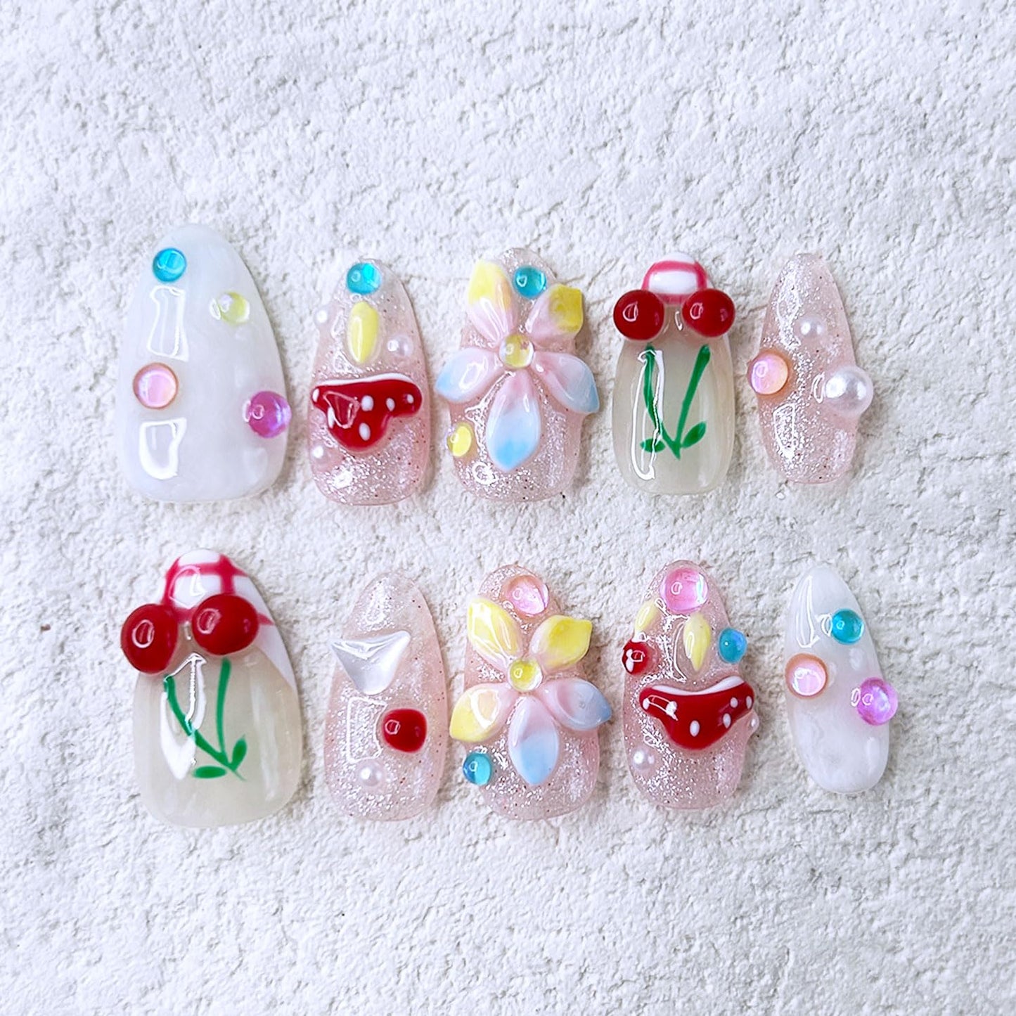 Short Almond Press on Nails Luxury Handmade Nails with Glue,3D Cherry Mushroom Rhinestone Designs False Nails Handmade Nail Press ons Muti-Layer Gel French False Nails for Women (Size S)