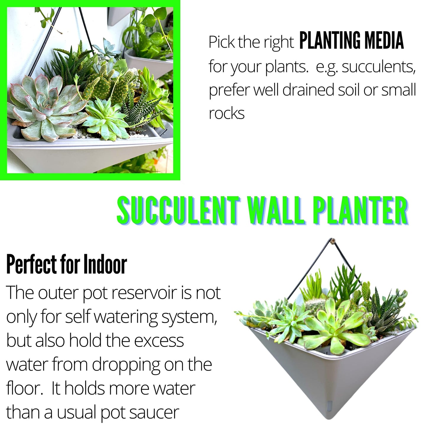 LaLaGreen Bundle - 12" x 6 Pack White + 12" x 2 Pack Gray Large Self Watering Geometric Hanging Flower Vase Vessel with Metal Hanger, Modern Stylish Wall Mounted Succulent Pot Holder Decor