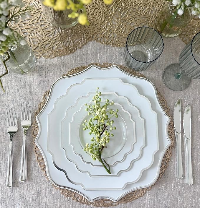 OCCASIONS 40 Piece Disposable Plastic Charger Plates 13.25'' Heavyweight BPA-Free, Bulk Party Plate Chargers for Weddings & Events, White & Silver Scalloped Imperial Collection