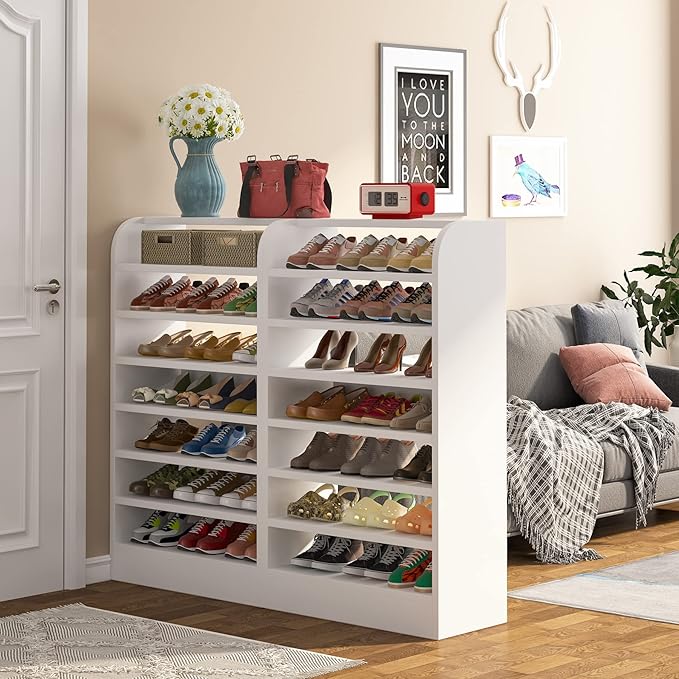 Tribesigns Shoe Rack for Entryway, 8-Tier Tall Shoe Shelf Shoes Storage Organizer, Wooden Shoe Storage Cabinet Shoe Stand for Closet, Hallway, Living Room, 2 Pcs, White