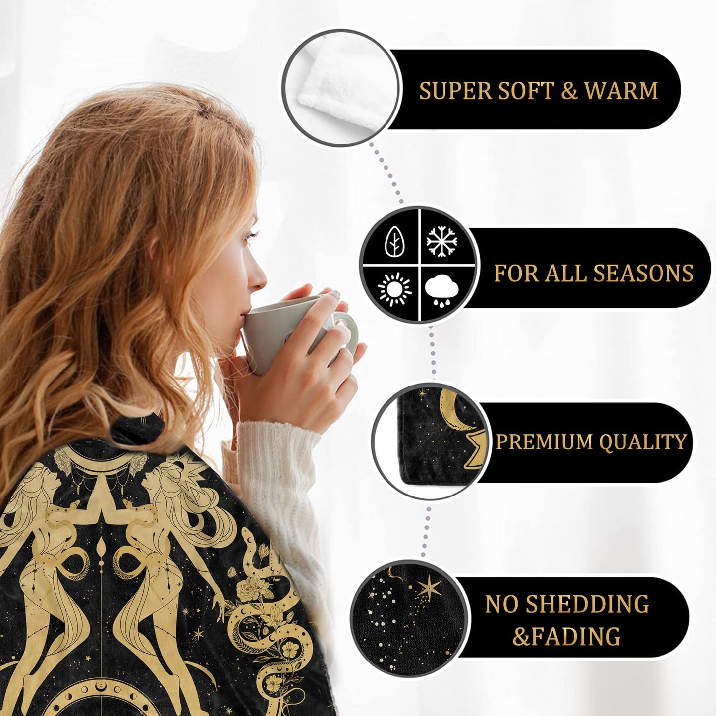 Gemini Zodiac Moon Constellation Throw Blanket, 60"X50", Soft Blanket for Women, Astrology Decor, Witchy Birthday Gifts, Gothic Style