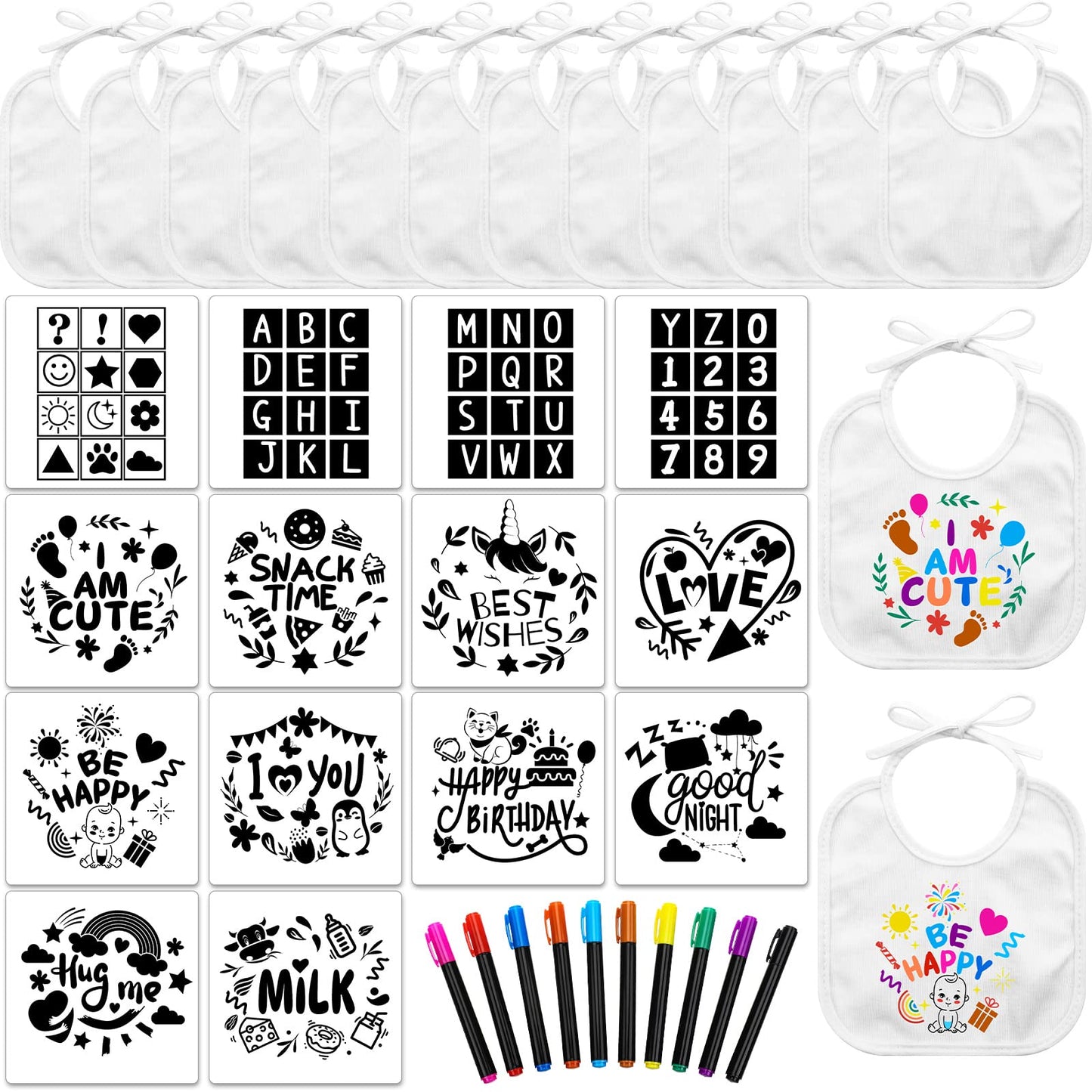Jutom 38 Pcs DIY Baby Bibs Decorating Kit 14 Bibs 14 Stencils 10 Fabric Markers 2 Ply Feeder Design Bib for Shower Games(White)