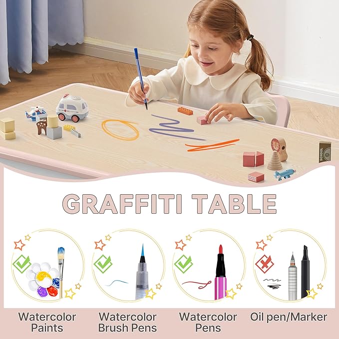 Kids Study Table and Chairs Set, Height Adjustable Toddler Table and Chair Set for Kids Ages 3-8, 23.6" L x 23.6" W Graffiti Desktop Plastic Children Art Table with 2 Seats, W-Pink