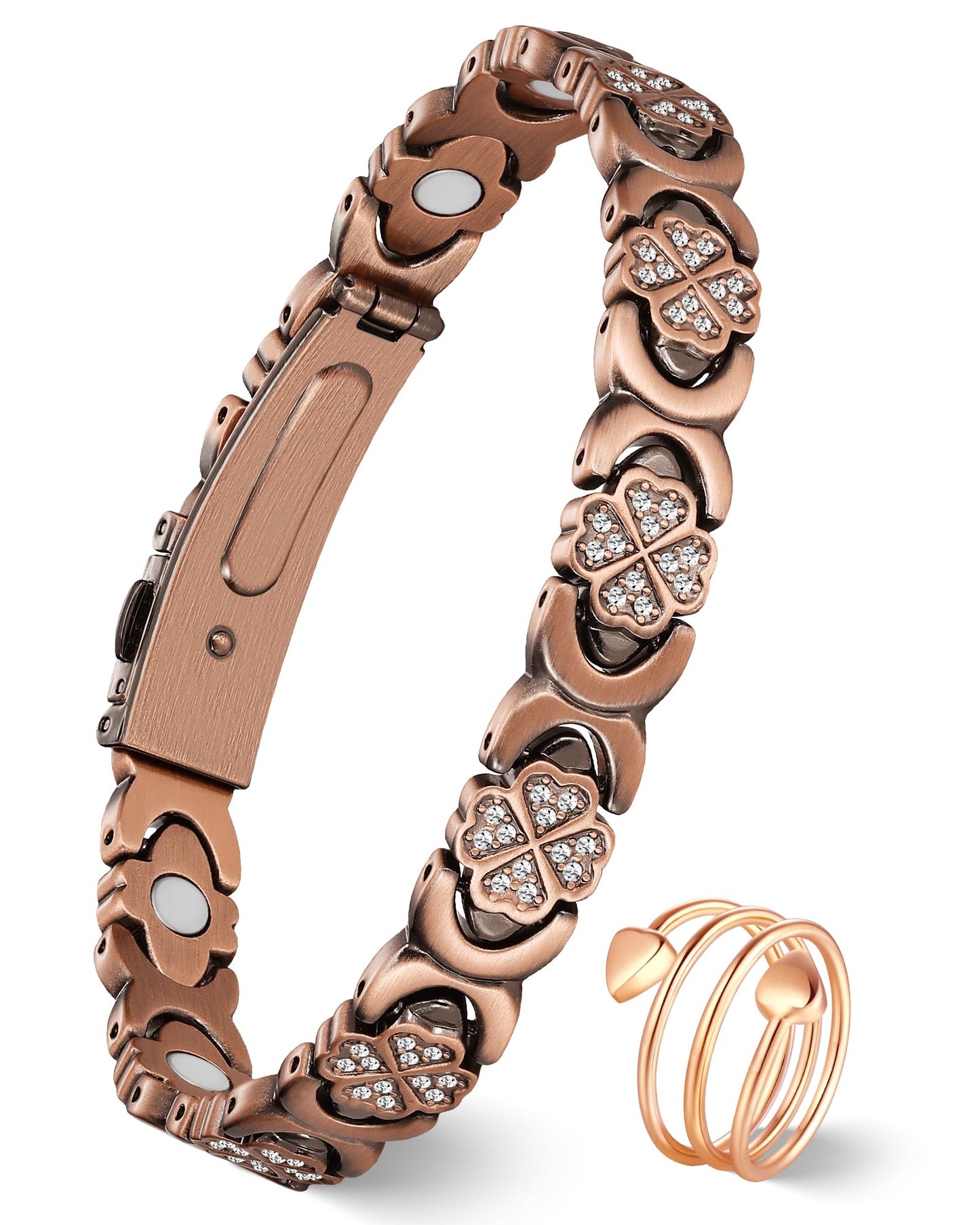 Jeracol Copper Bracelet & Ring for Women, Ultra Strength Magnetic Bracelet with 3800 Gauss Magnets, Four-Leaf Clover & Infinity Heart & Crystal, Adjustable Tools & Jewelry Gift Box(Copper Style)