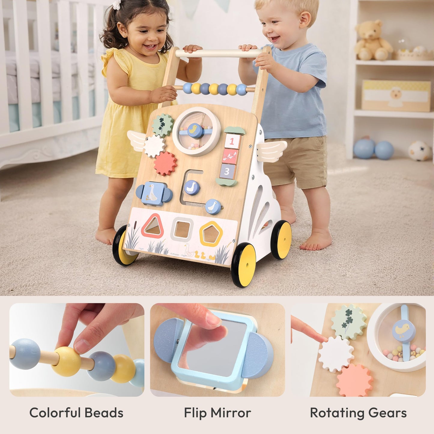 KizKnows Wooden Baby Walker with Wheels Speed Adjustable Baby Push Walker for 12+ Months Boys Girls Learning to Walk & Sit-to-Stand Activity Center with Sensory Toy Kids Development Gift